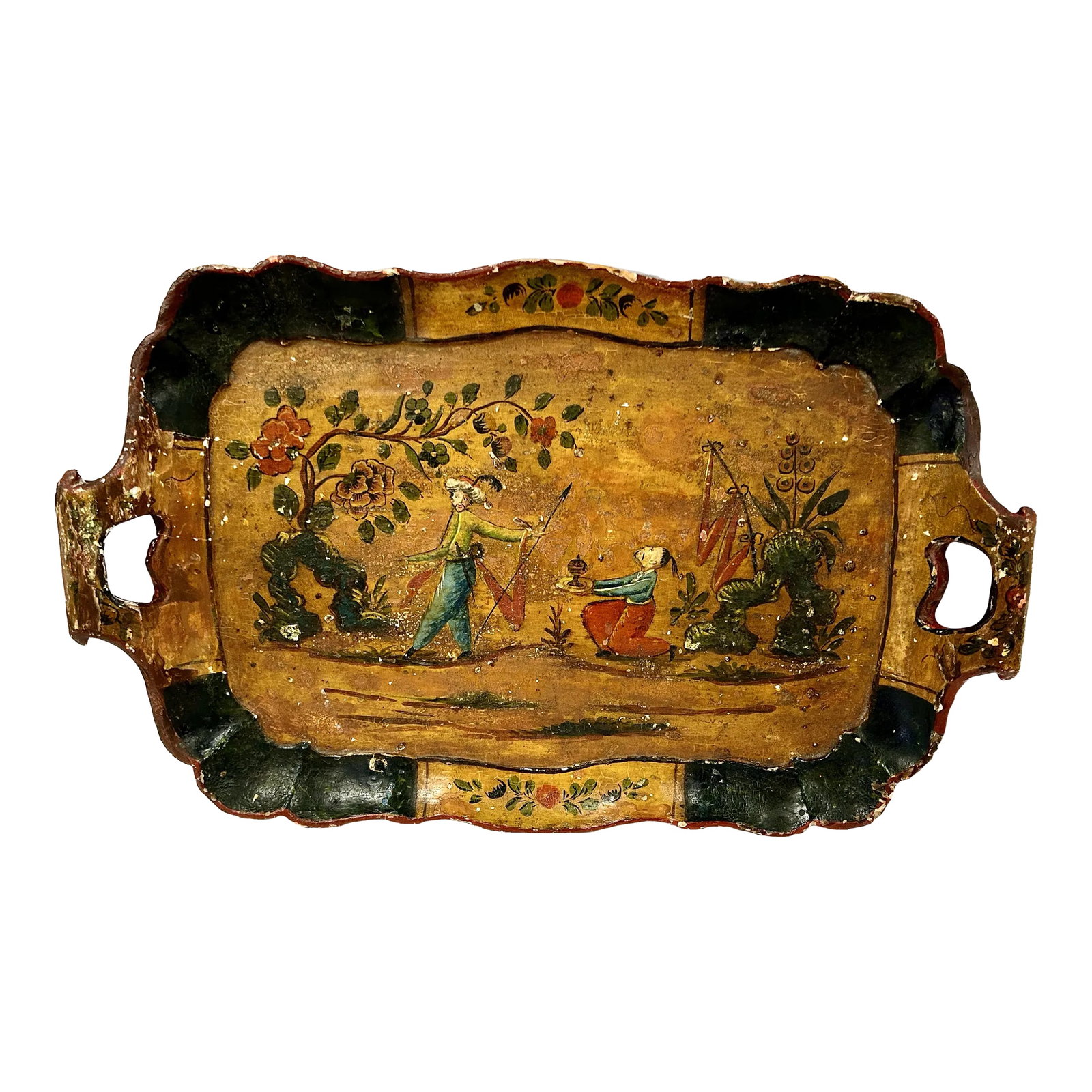 18th Century Venetian Wooden Tray: Large 18th century wooden Venetian tray with Chinoiserie decoration. Florals and Chinese figures in colors of red, green on dark wood background. Condition: Alterations: Original Condition Unaltered