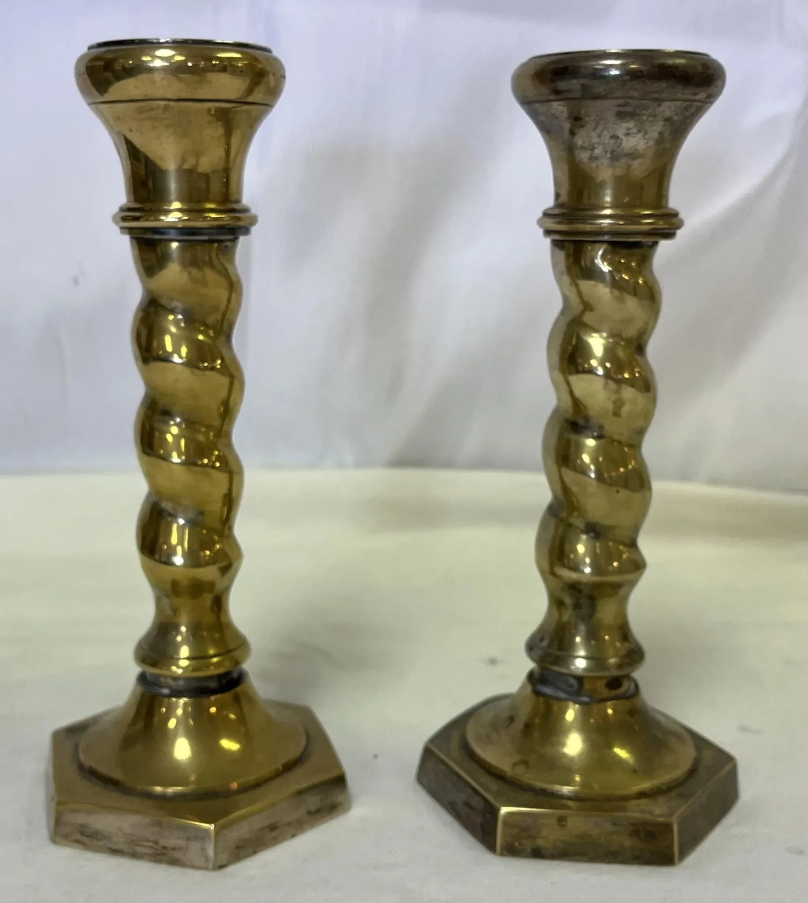 1970's William Adams 8" High Brass Plated Barley Twist Candlesticks Made in India- a Pair - 6