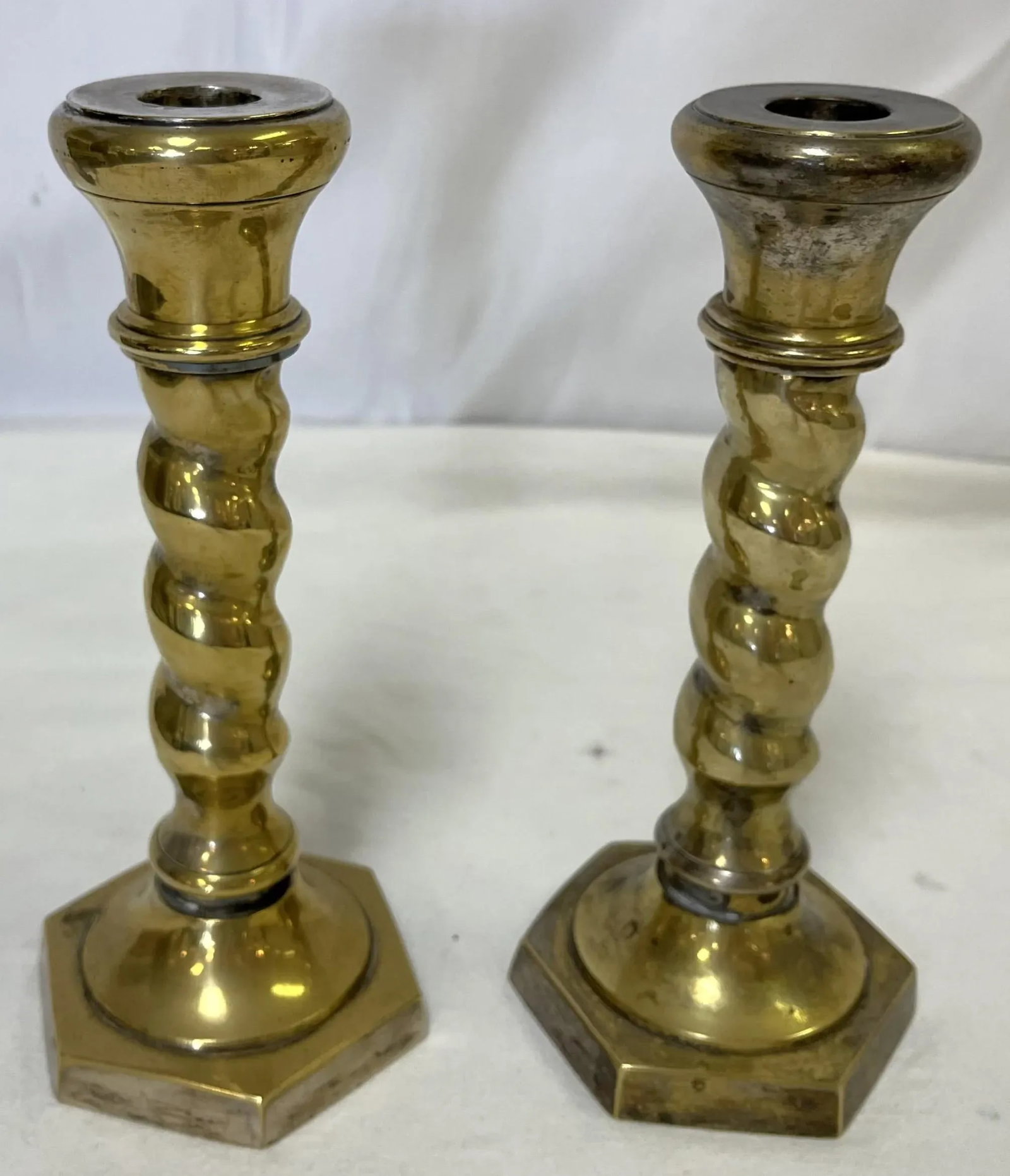 1970's William Adams 8" High Brass Plated Barley Twist Candlesticks Made in India- a Pair - 7