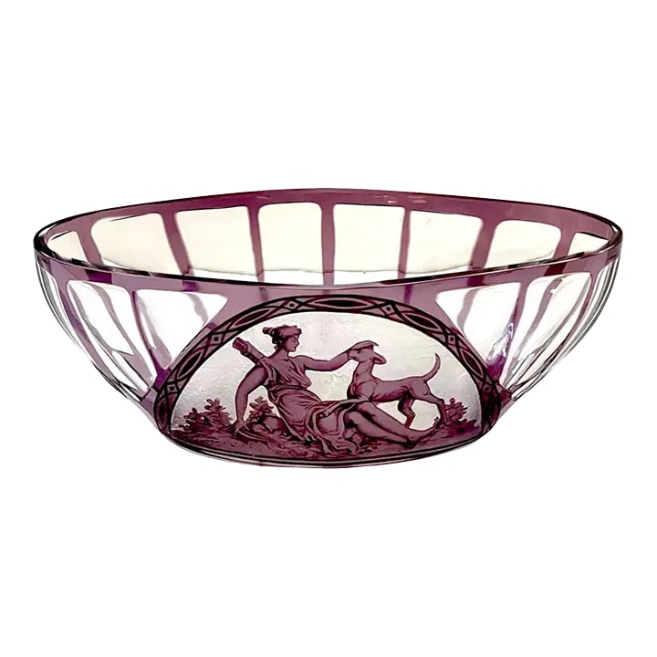 Early 20th Century Val Saint Lambert Amethyst Cut to Clear 'Diana the Huntress' Centerbowl: Val Saint lambert amethyst cut to clear 'Diana the Huntress' bowl Belgium, Circa 1920s Of oval form panel cut to clear amethyst crystal bowl with a frontal medallion with finely executed vignette in