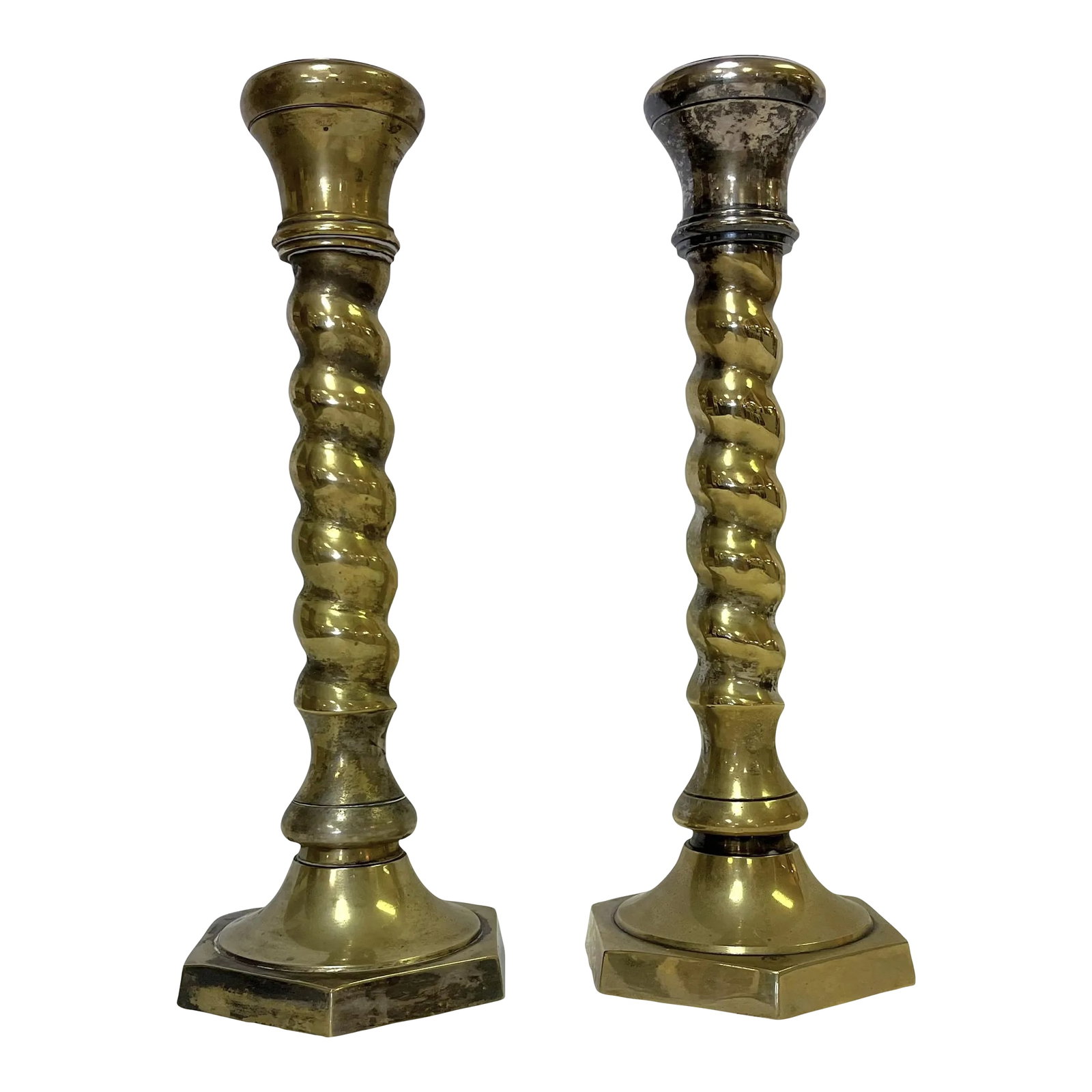 1970's William Adams 11" High Brass Plated Barley Twist Candlesticks Made in India- a Pair: 1970's pair of barley twist candlesticks. They are made of heavy brass plated metal. There's a sticker on the bottom which reads 'William Adams A Towle Company India.' There's general wear and patina