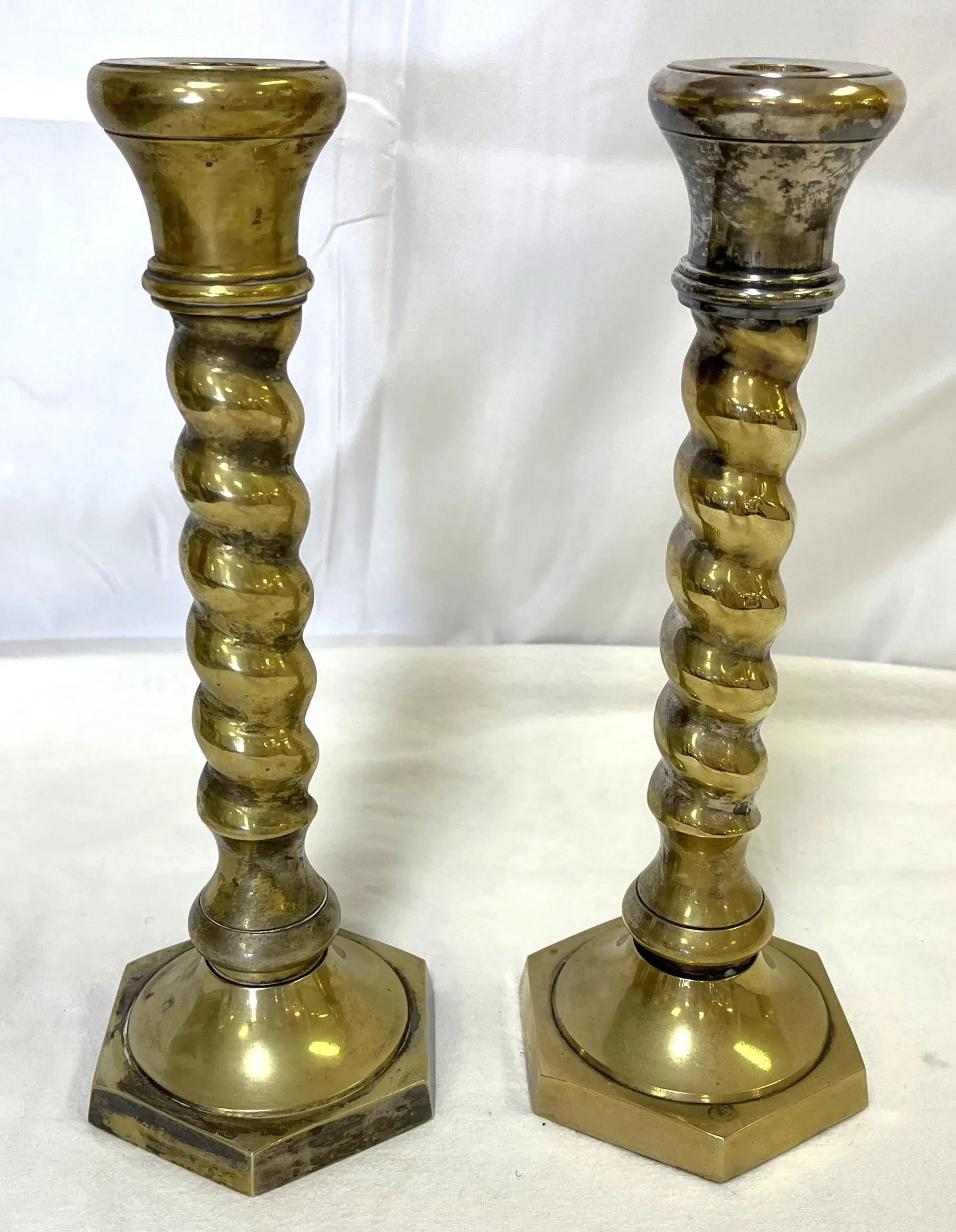 1970's William Adams 11" High Brass Plated Barley Twist Candlesticks Made in India- a Pair - 4