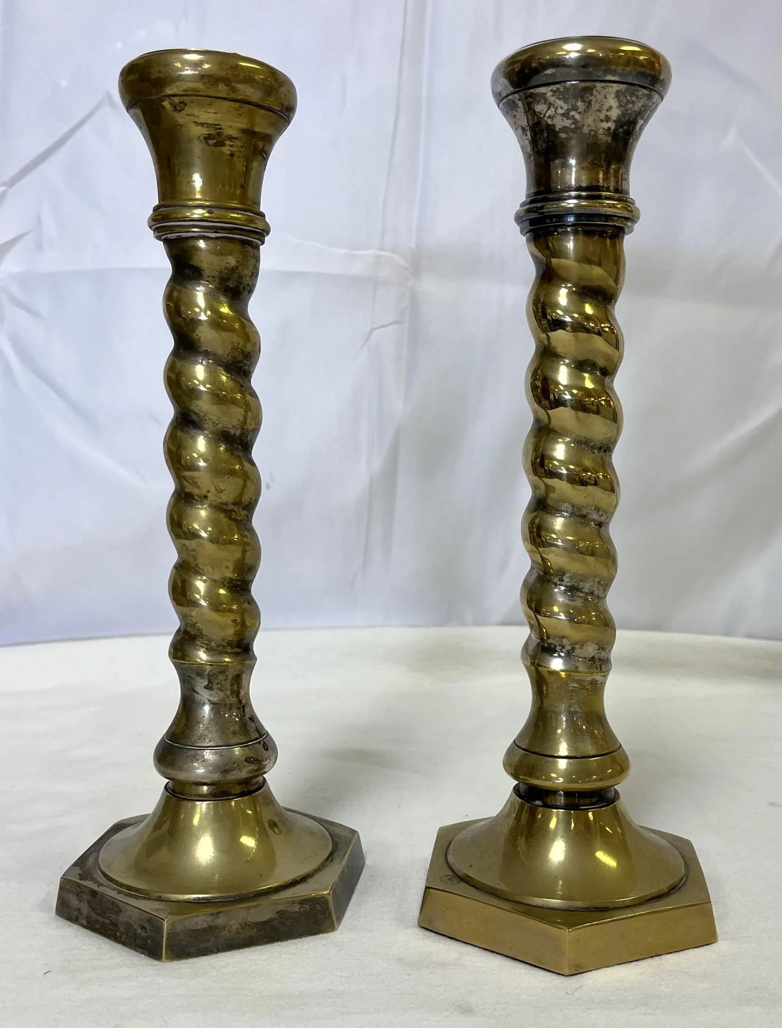 1970's William Adams 11" High Brass Plated Barley Twist Candlesticks Made in India- a Pair - 7