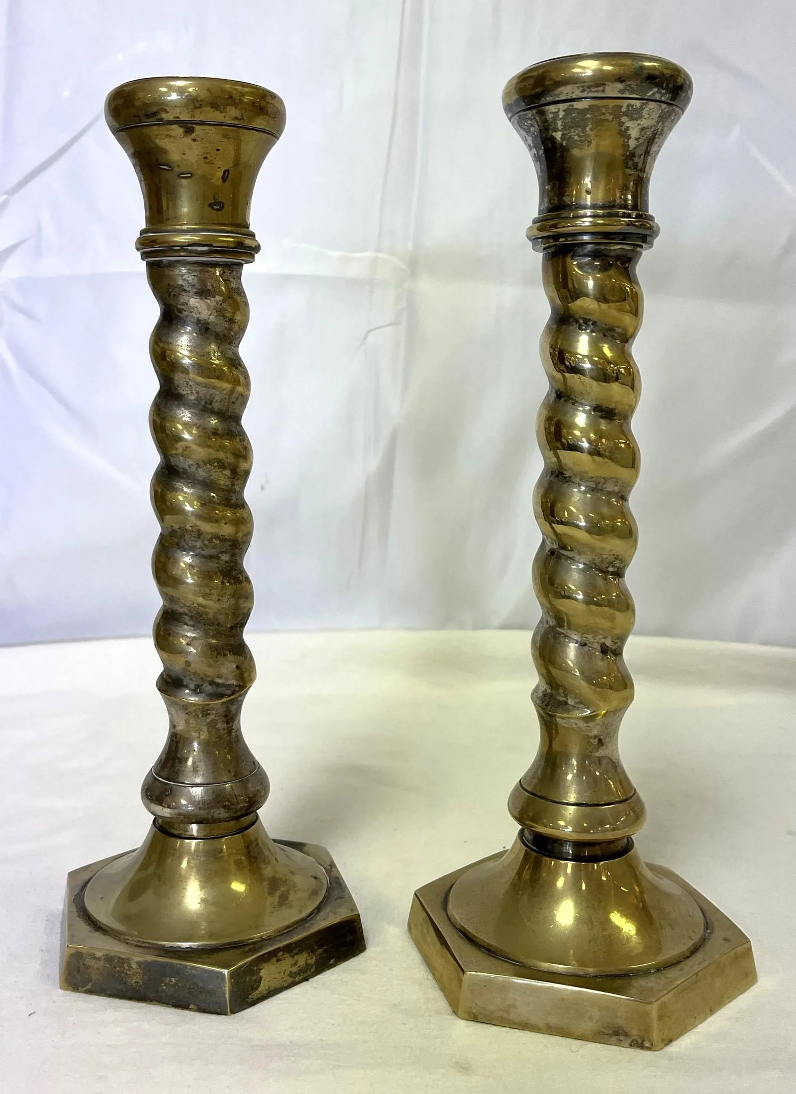 1970's William Adams 11" High Brass Plated Barley Twist Candlesticks Made in India- a Pair - 9