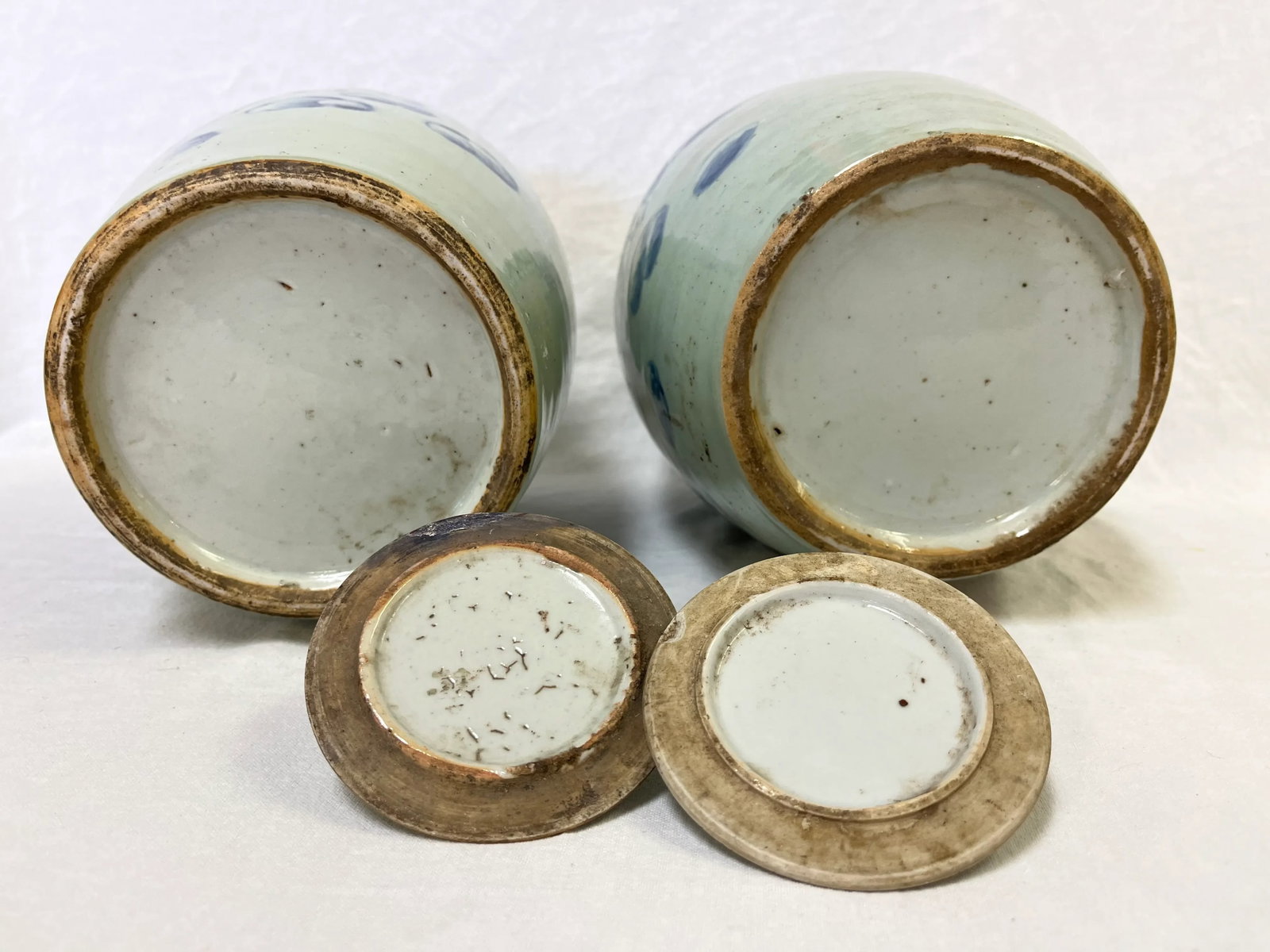 Vintage Chinoiserie Hand Painted Celedon and Blue Lidded Ceramic Ginger Jars- a Pair - 11