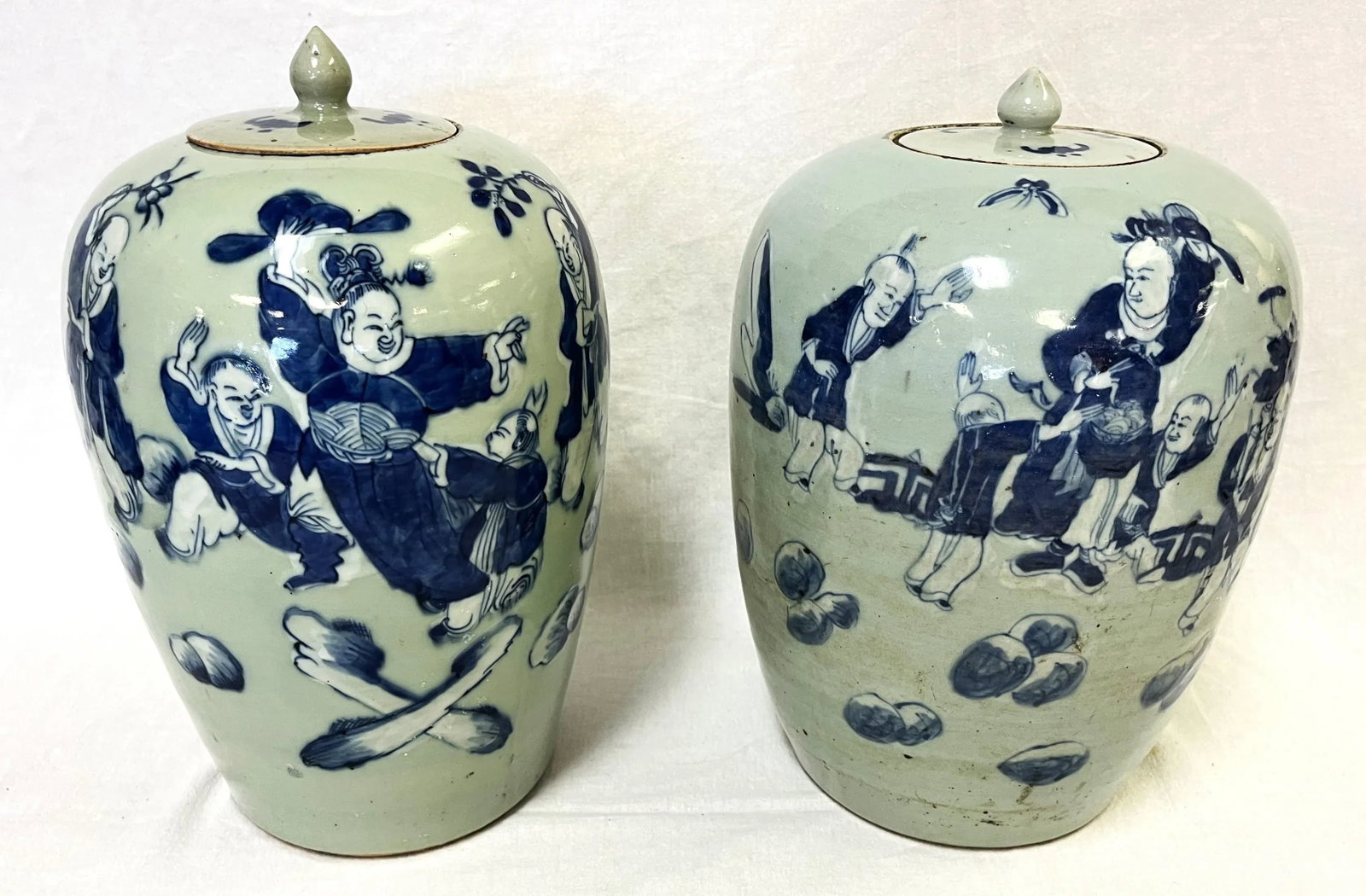 Vintage Chinoiserie Hand Painted Celedon and Blue Lidded Ceramic Ginger Jars- a Pair - 13