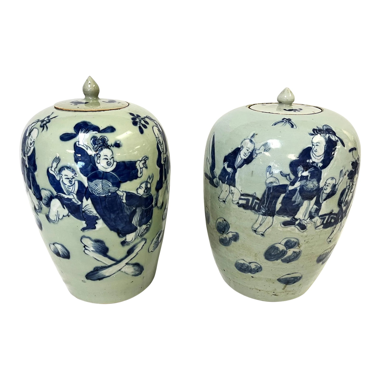 Vintage Chinoiserie Hand Painted Celedon and Blue Lidded Ceramic Ginger Jars- a Pair (1 of 13)