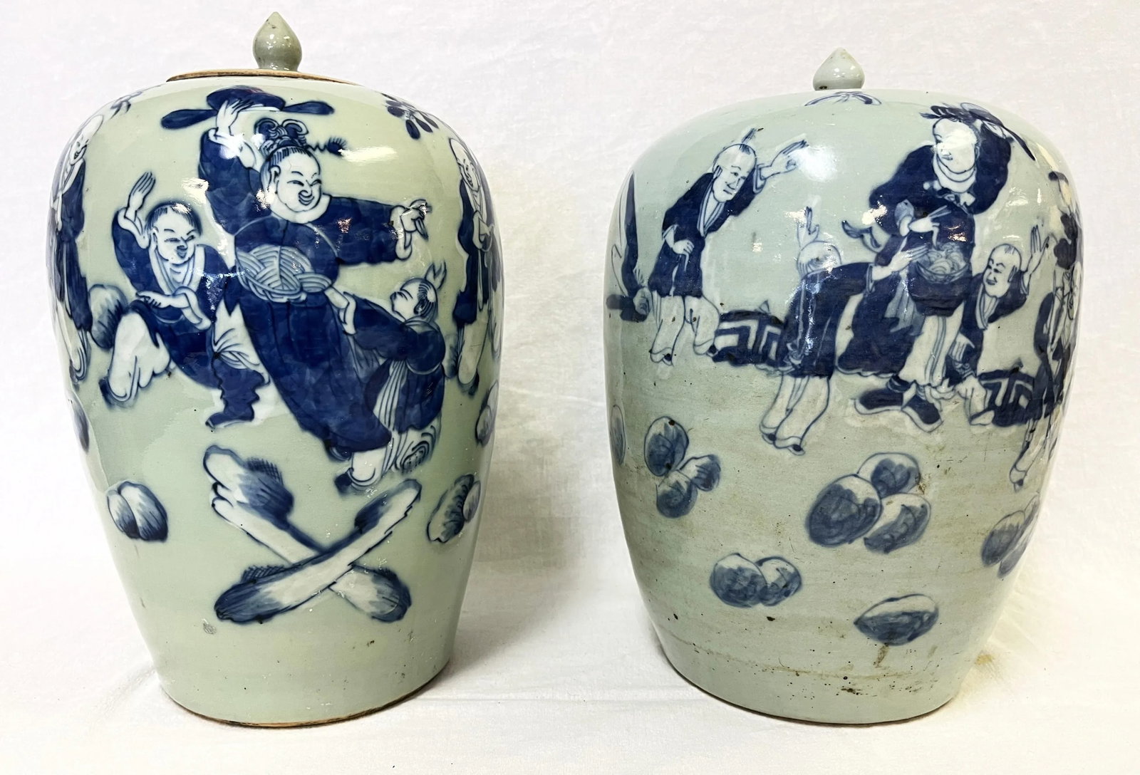 Vintage Chinoiserie Hand Painted Celedon and Blue Lidded Ceramic Ginger Jars- a Pair - 2