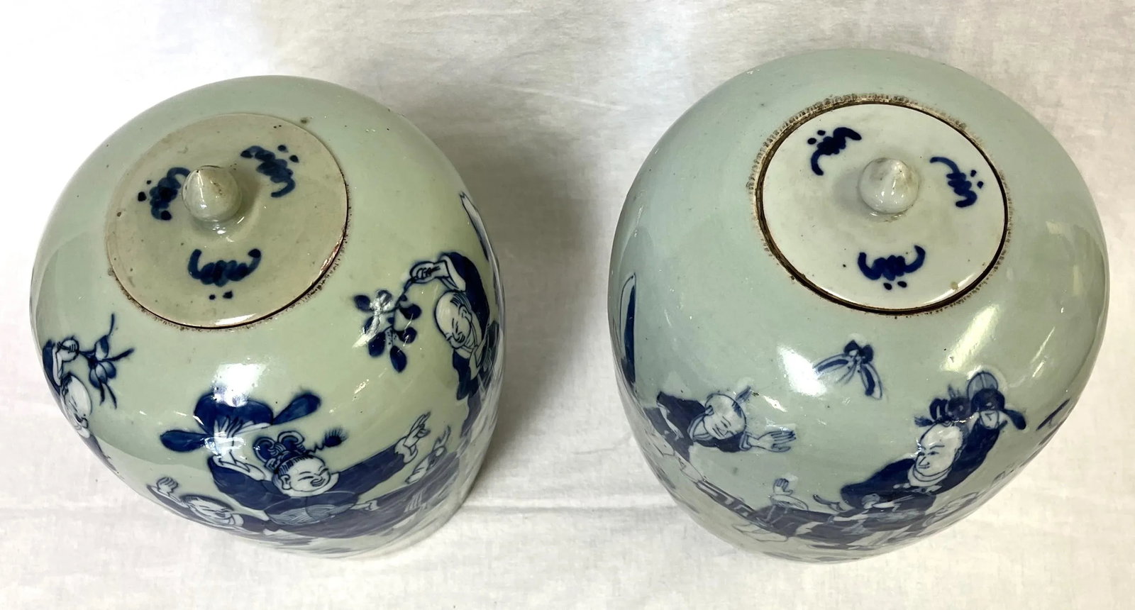 Vintage Chinoiserie Hand Painted Celedon and Blue Lidded Ceramic Ginger Jars- a Pair - 3