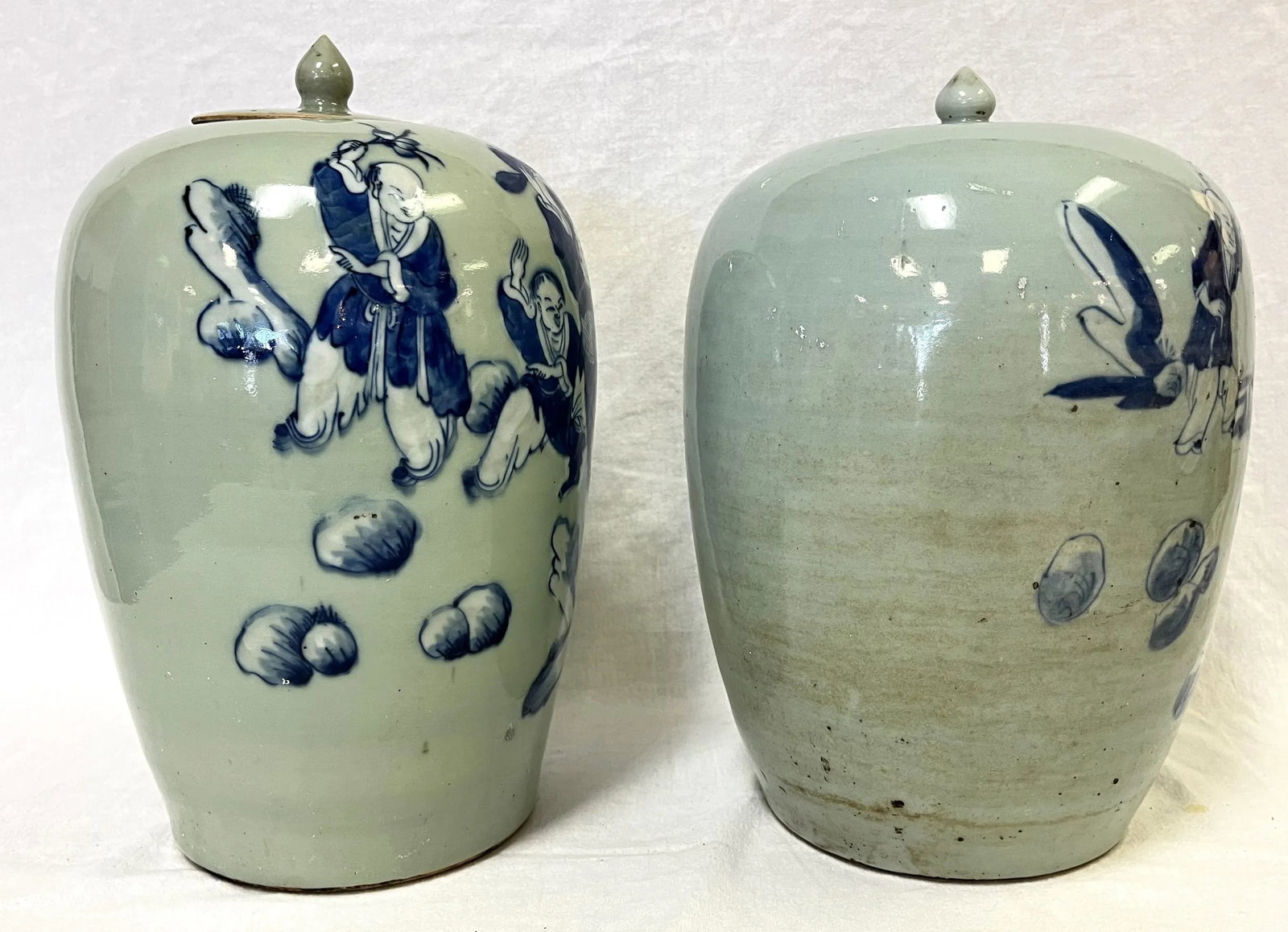 Vintage Chinoiserie Hand Painted Celedon and Blue Lidded Ceramic Ginger Jars- a Pair - 6