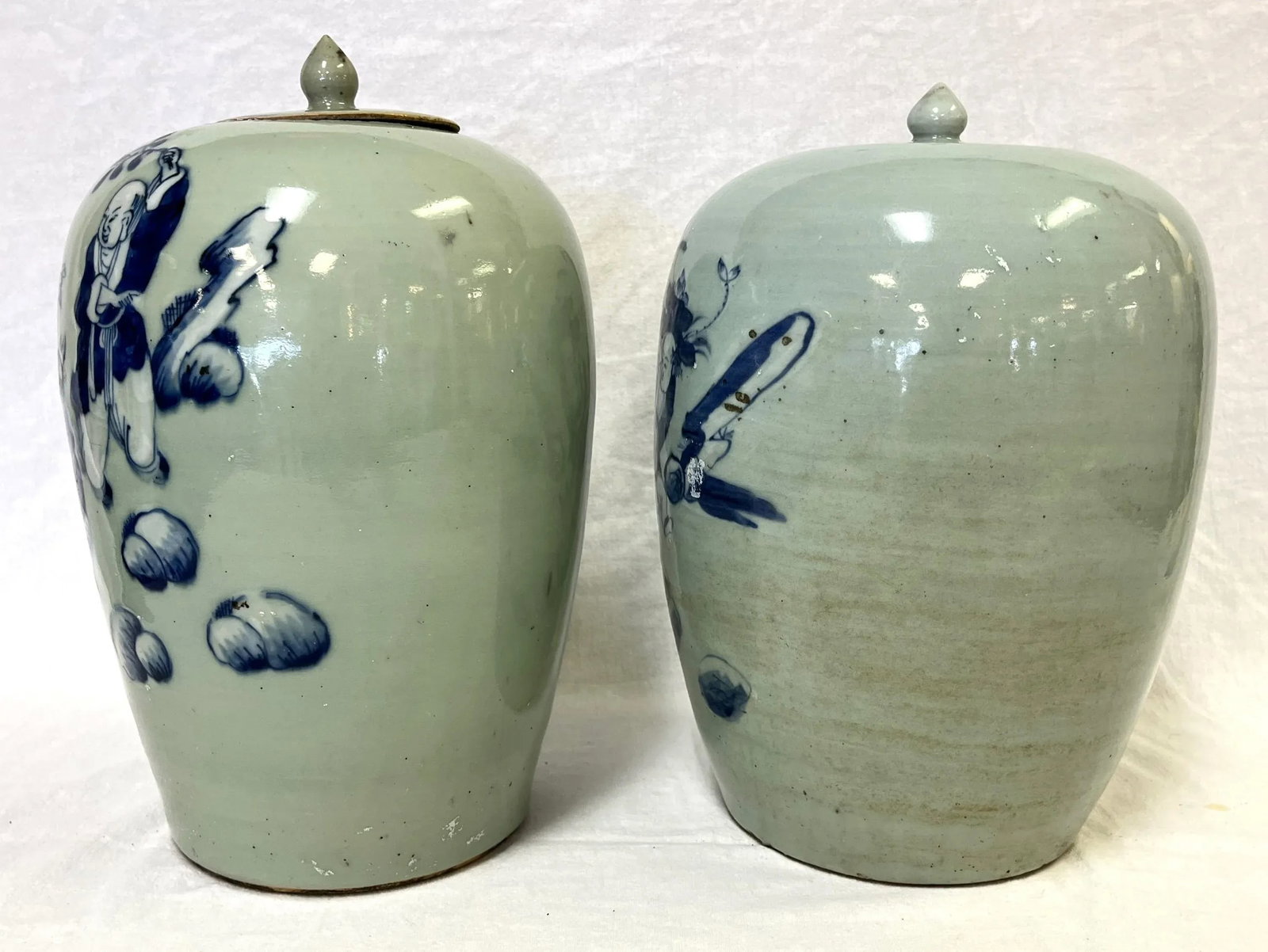 Vintage Chinoiserie Hand Painted Celedon and Blue Lidded Ceramic Ginger Jars- a Pair - 7