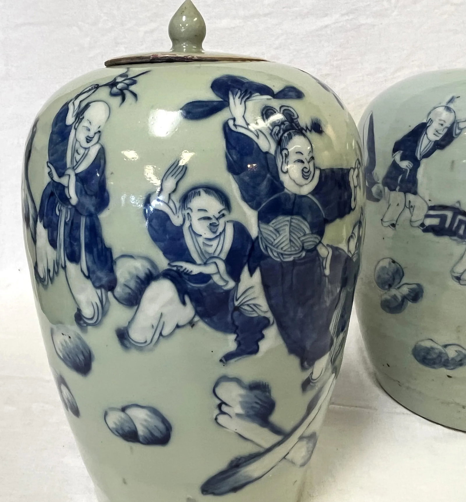 Vintage Chinoiserie Hand Painted Celedon and Blue Lidded Ceramic Ginger Jars- a Pair - 8