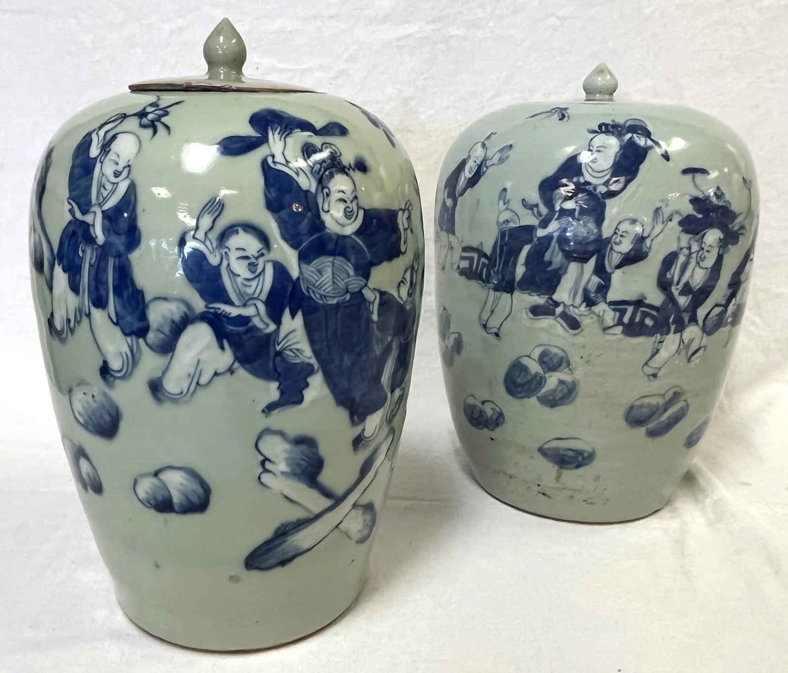 Vintage Chinoiserie Hand Painted Celedon and Blue Lidded Ceramic Ginger Jars- a Pair - 9