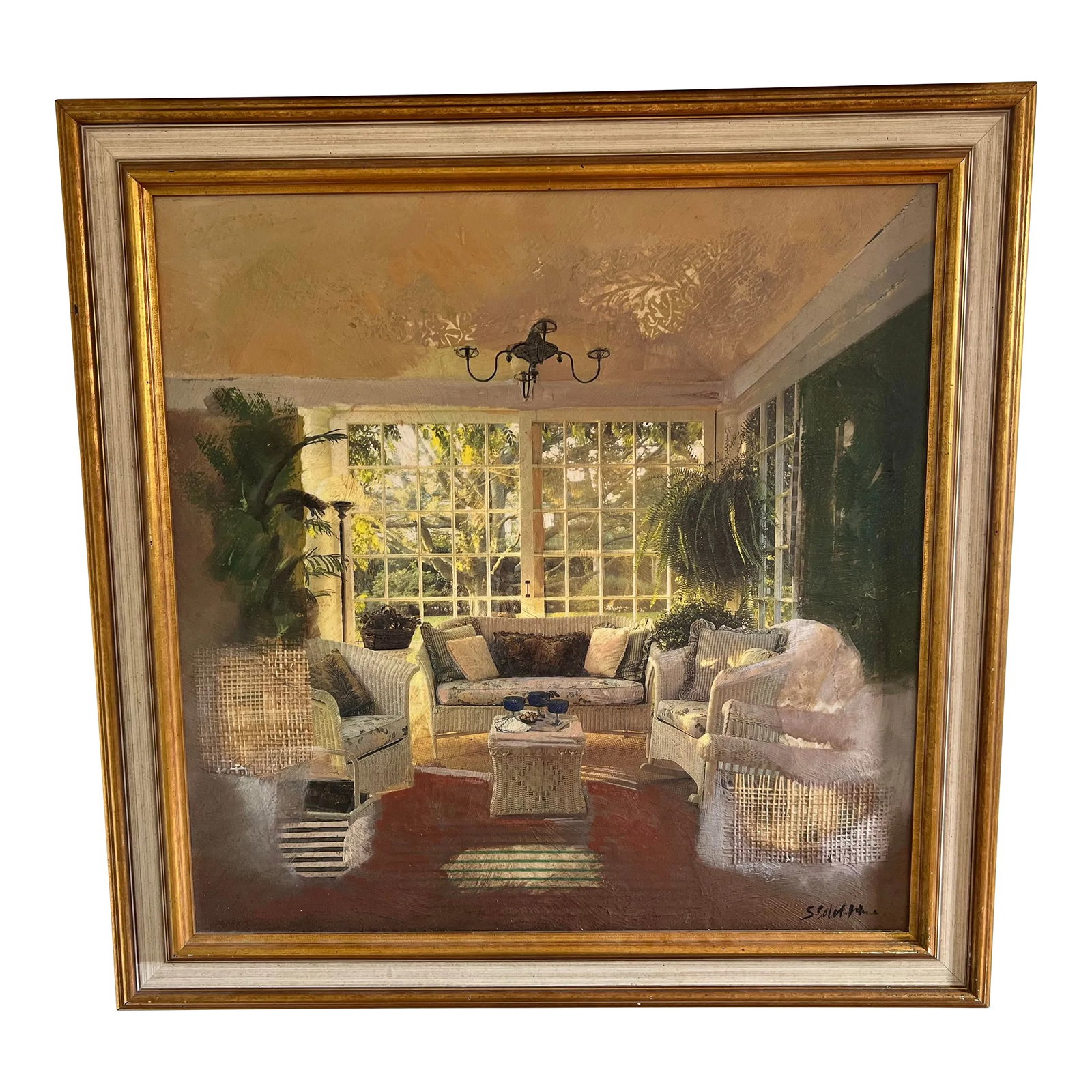 Textile-Enhanced Interior Scene by Sharon Stoneburner – Signed & Framed: Textile-Enhanced Interior Scene by Sharon Stoneburner – Signed & Framed Finely detailed painting of a modern sunroom, featuring white wicker furniture, lush ferns, and a large picture window.