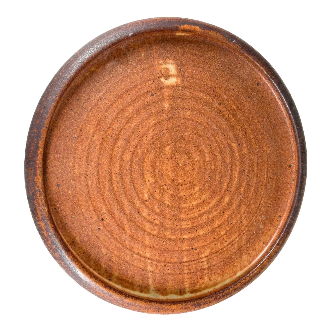1980s Stoneware Pottery Brown Platter Artist Melching: AMBIANIC presents 1980s Speckled Round Brown Stoneware Pottery Plate Artist Melching Signed by artist 13.38 diameter x 1.25 d Preowned original vintage condition. See images provided. Condition:
