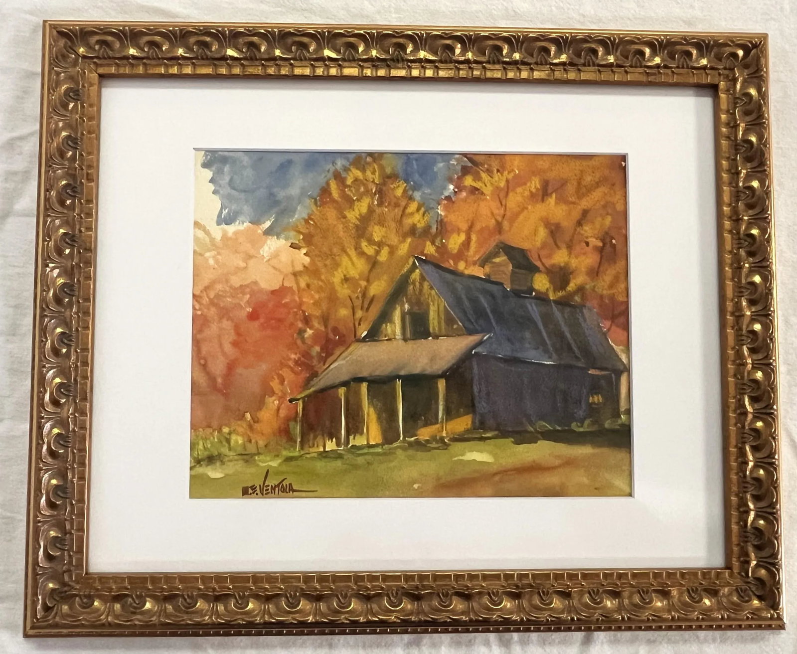 Framed Original Signed Watercolor Painting by M E Ventola of an 'Old Barn in Autumn' - 11