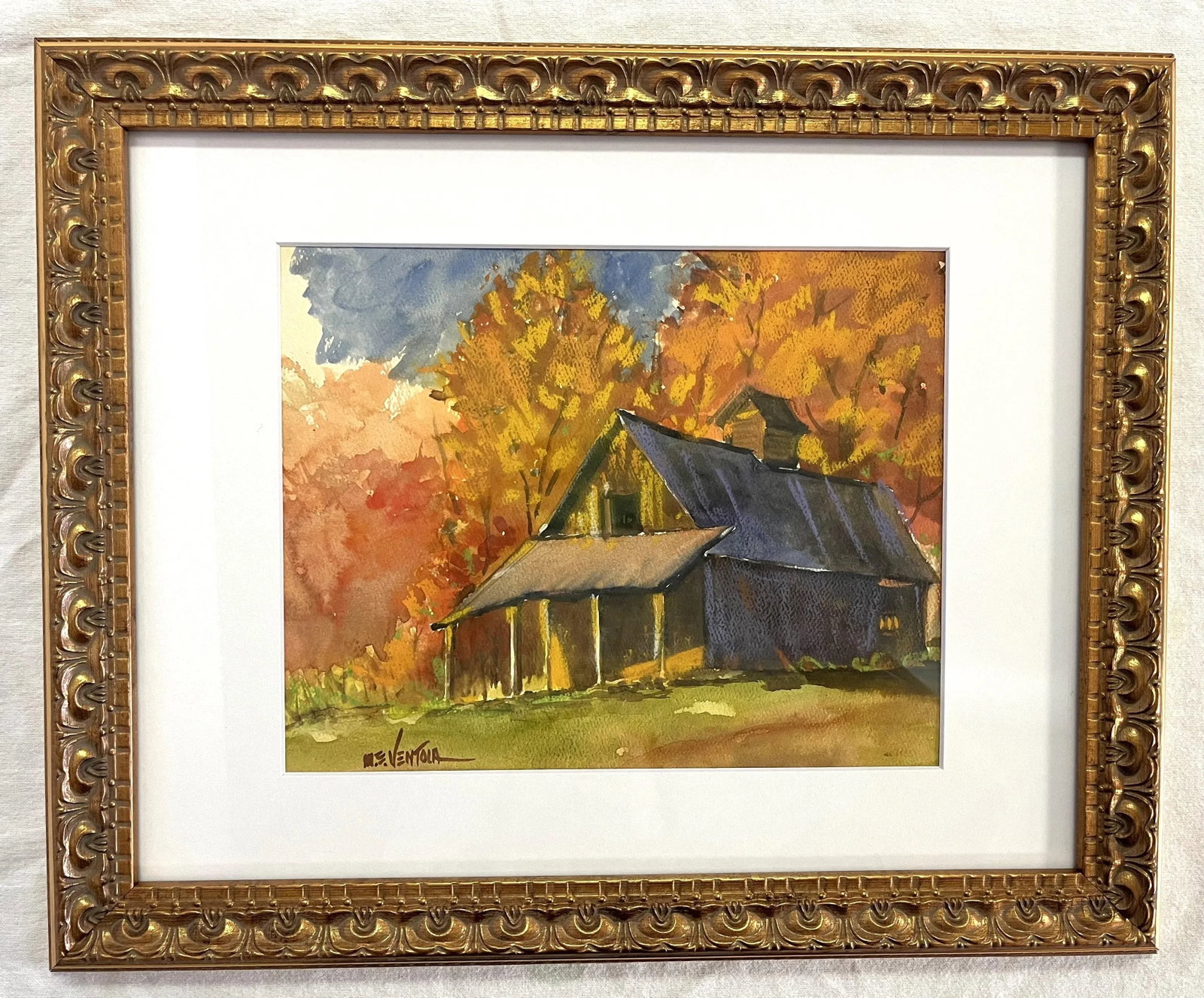 Framed Original Signed Watercolor Painting by M E Ventola of an 'Old Barn in Autumn' - 13