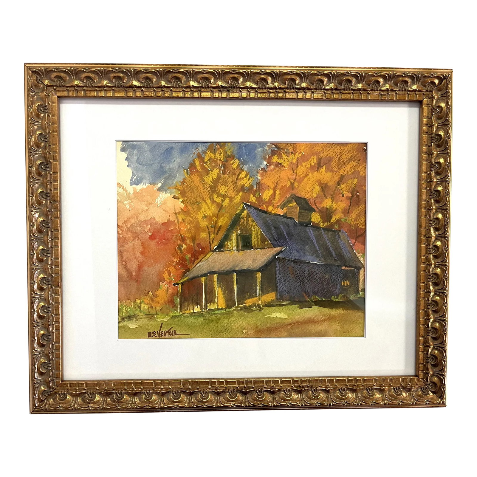Framed Original Signed Watercolor Painting by M E Ventola of an 'Old Barn in Autumn': Colorful and serene original framed watercolor on paper. It depicts an old barn surrounded by changing autumn foliage and given the title 'Old Barn in Autumn.' It is signed in the bottom left corner