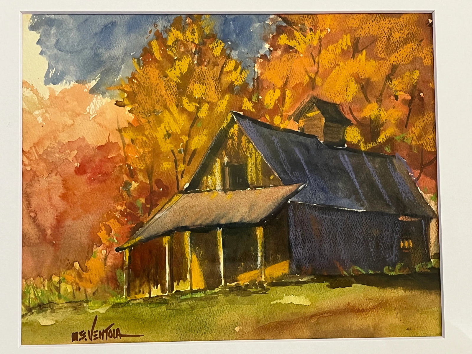 Framed Original Signed Watercolor Painting by M E Ventola of an 'Old Barn in Autumn' - 2