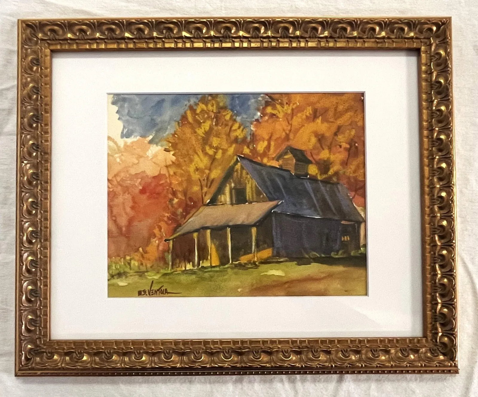 Framed Original Signed Watercolor Painting by M E Ventola of an 'Old Barn in Autumn' - 3