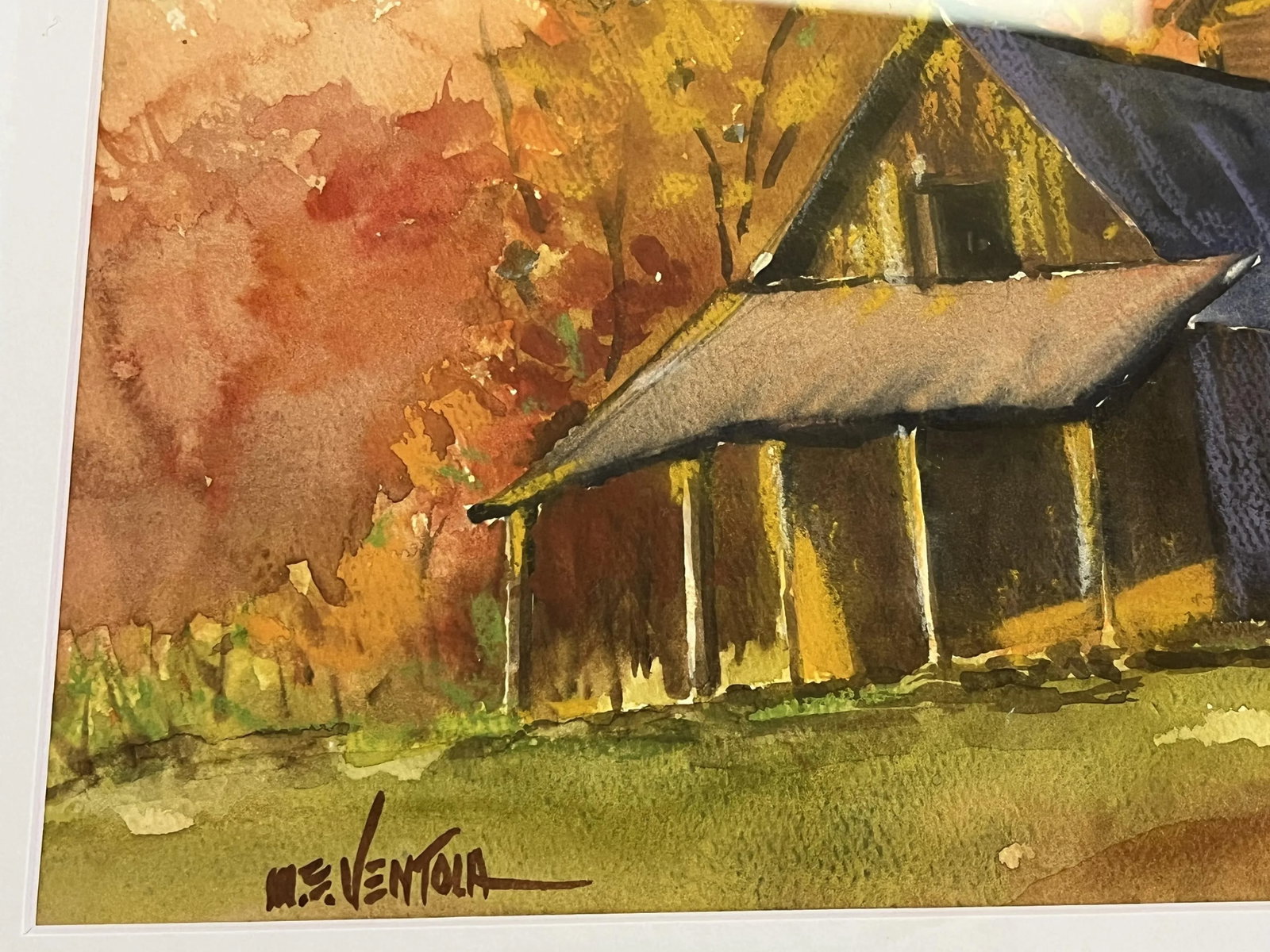 Framed Original Signed Watercolor Painting by M E Ventola of an 'Old Barn in Autumn' - 4