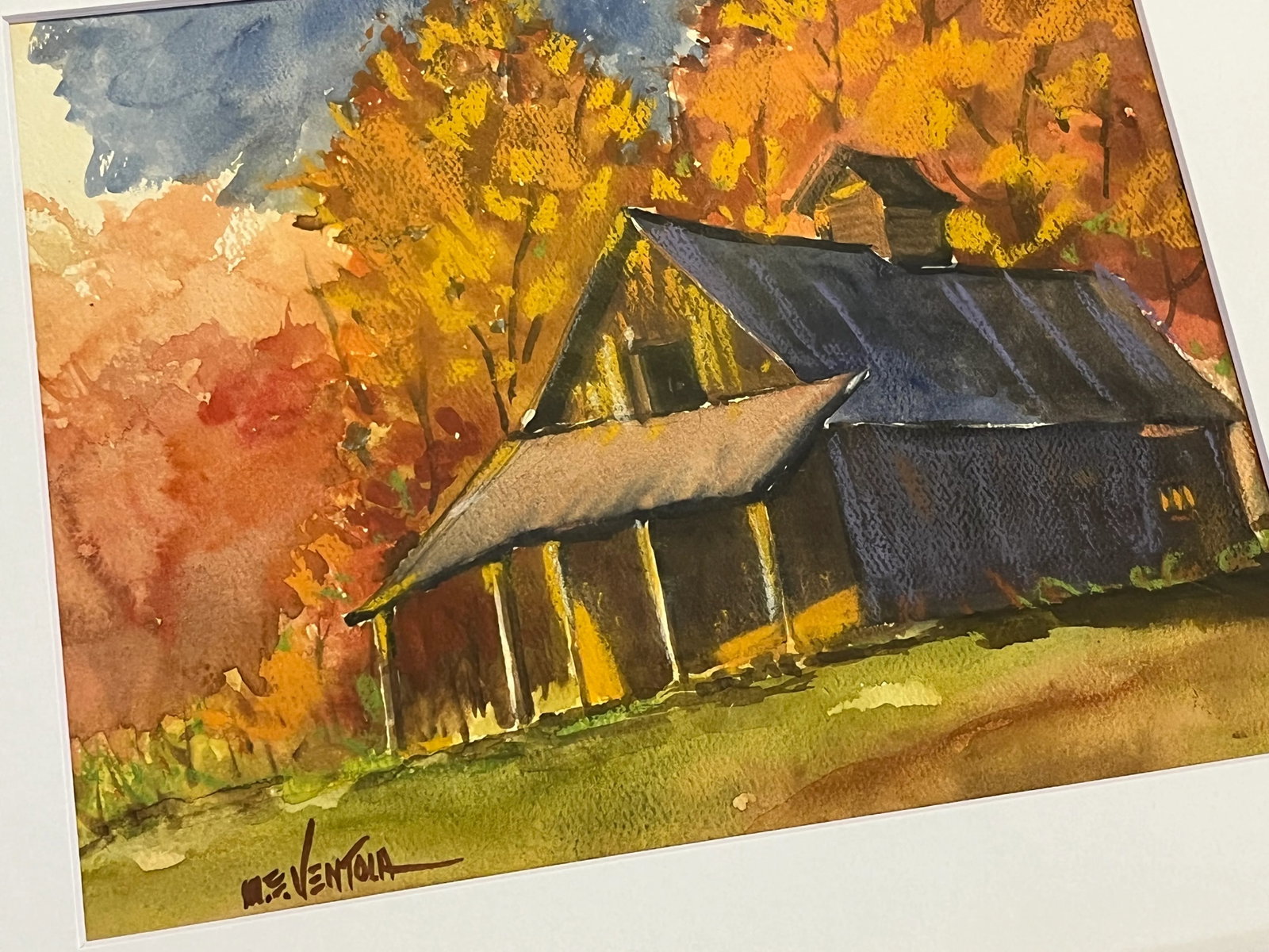 Framed Original Signed Watercolor Painting by M E Ventola of an 'Old Barn in Autumn' - 7