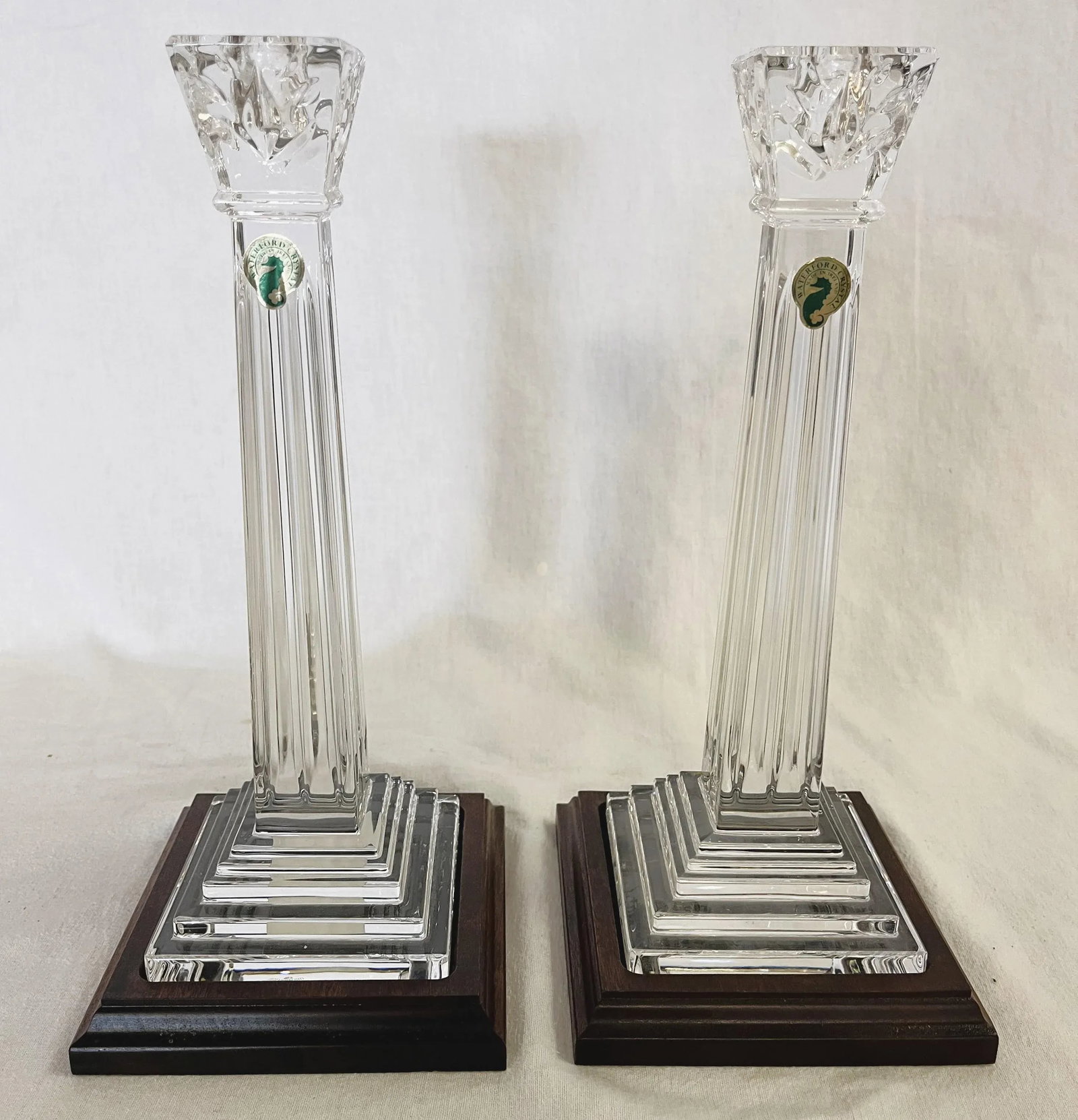 Waterford Crystal Candlesticks on Wood Plinths- a Pair - 2