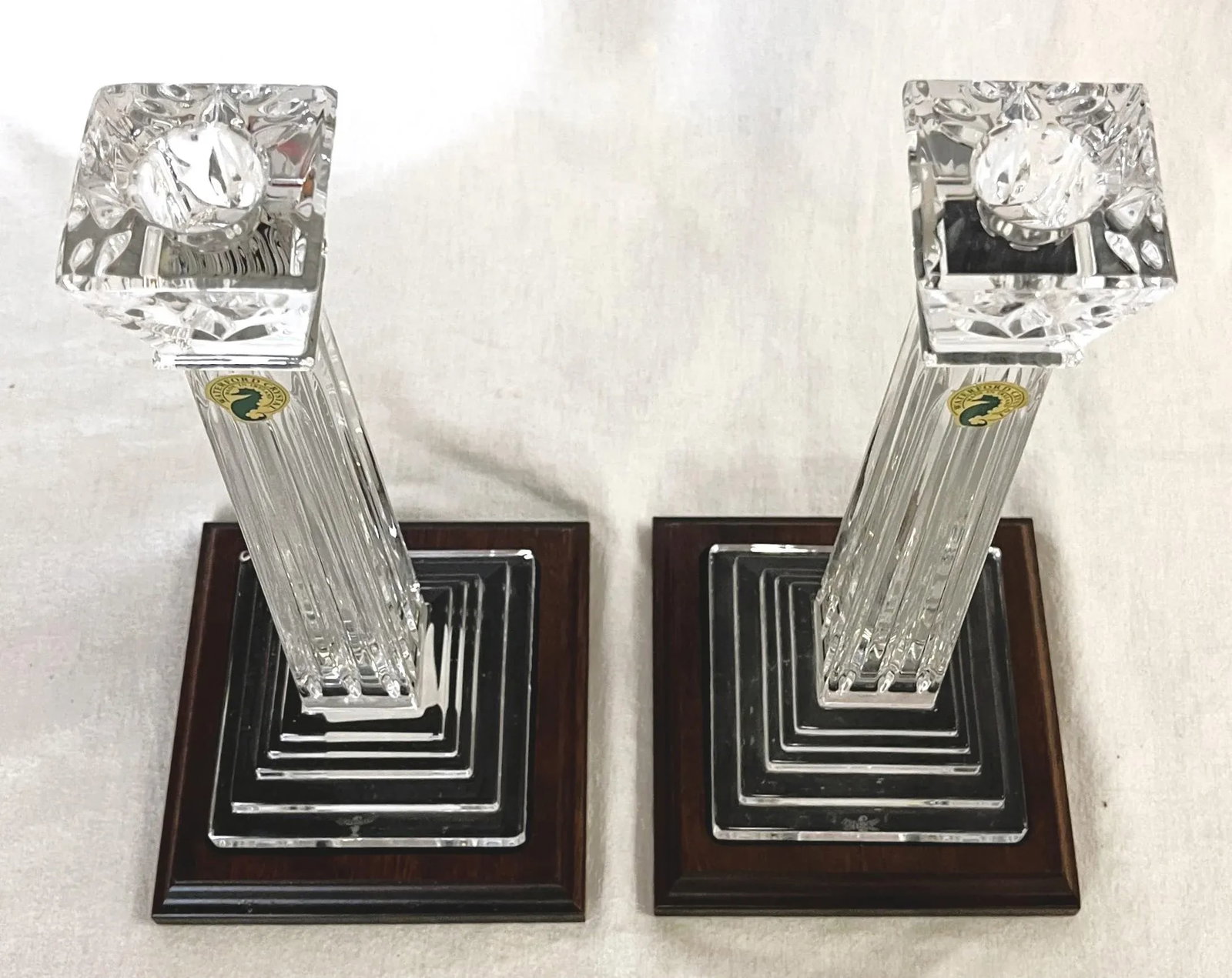 Waterford Crystal Candlesticks on Wood Plinths- a Pair - 3