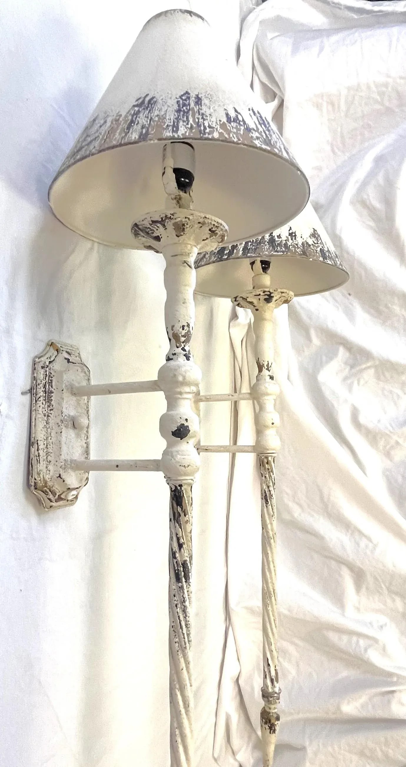 Adjustable Length Rustic French Farmhouse Indoor Wall Sconces With Matching Lampshades- a Pair - 6