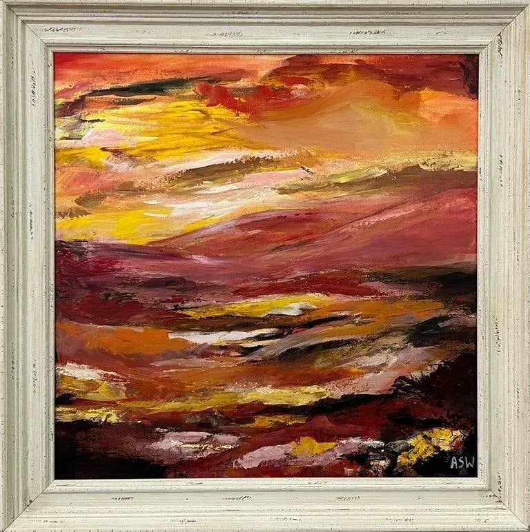 Warm Red & Yellow Abstract Landscape Painting by Contemporary British Artist: Warm Red & Yellow Abstract Landscape Painting by Leading Contemporary British Artist, Angela Wakefield. This atmospheric impressionistic depiction of a sunset over mountainous terrain forms part of a