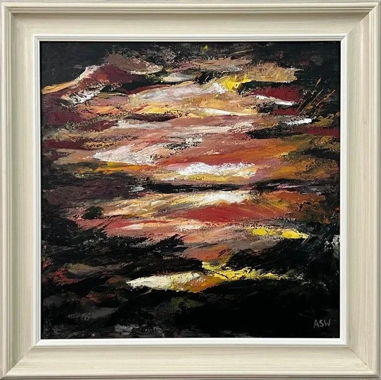 Dark Impressionist Abstract Landscape Art Using Red & Black by Contemporary British Artist: Dark Abstract Impressionist Seascape Landscape by Contemporary British Artist, Angela Wakefield. This atmospheric painting depicts an imagined scene using black and golden oranges and yellow colours.