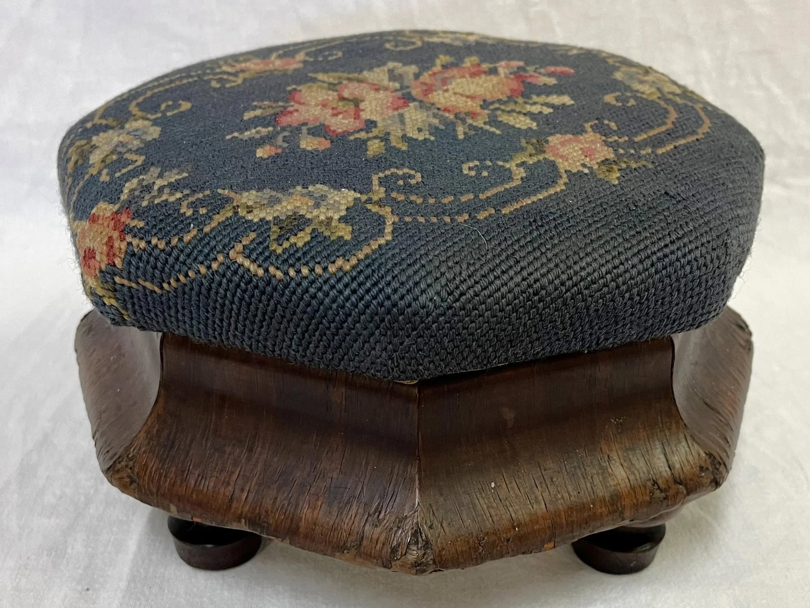 Antique Needlepoint and Wood Octagonal Footstool - 2