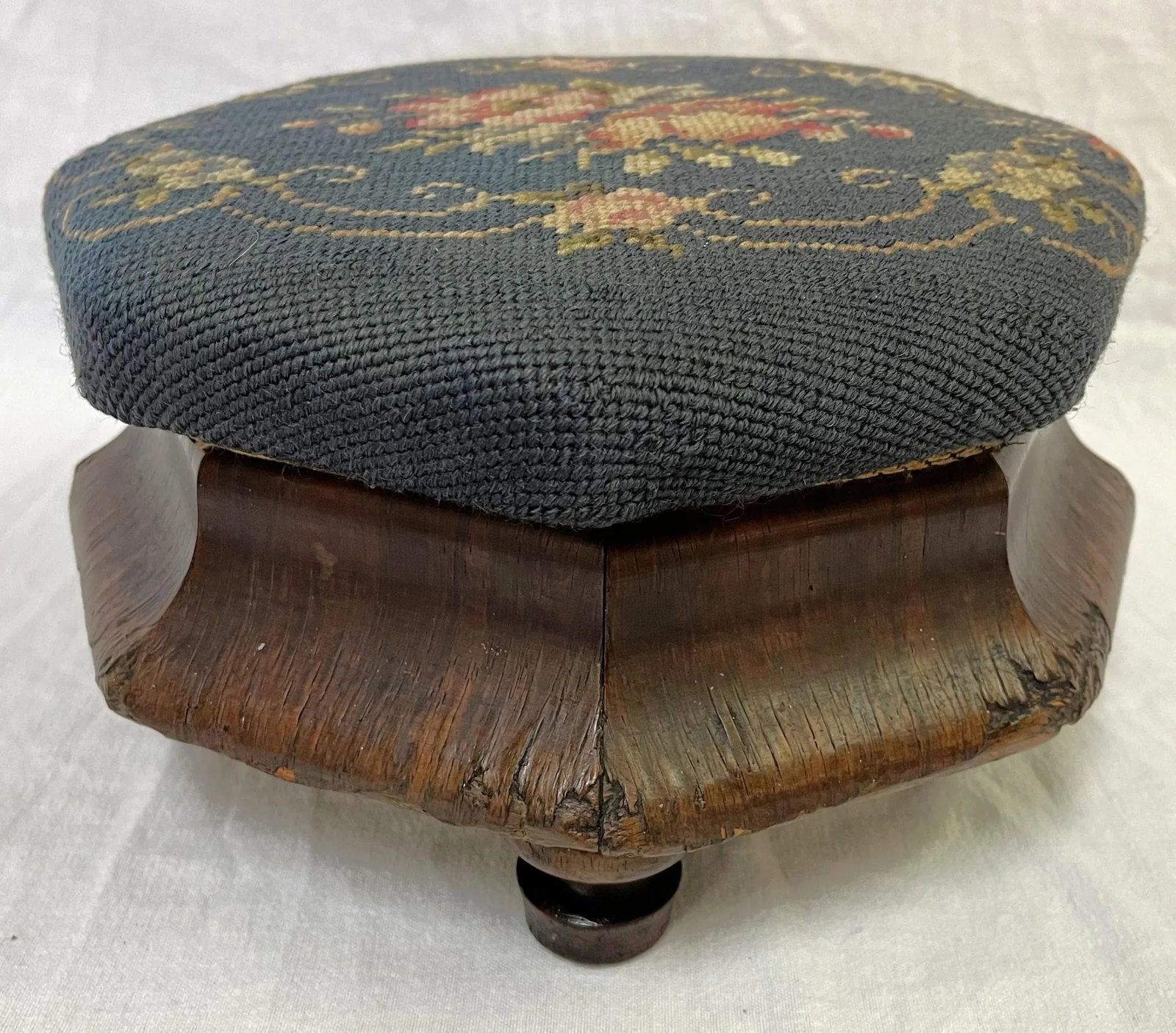 Antique Needlepoint and Wood Octagonal Footstool - 4