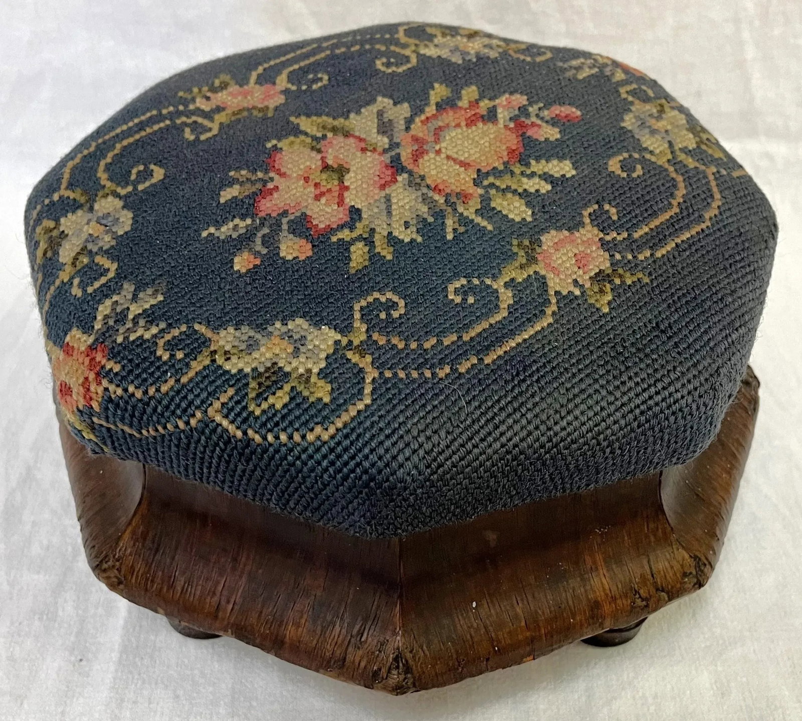 Antique Needlepoint and Wood Octagonal Footstool - 6