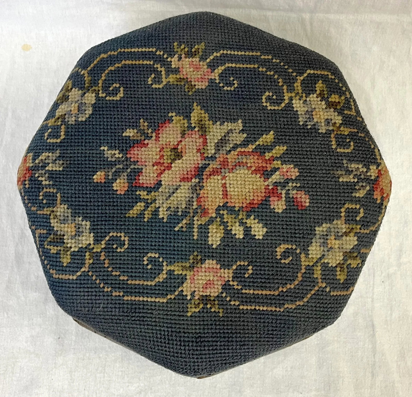 Antique Needlepoint and Wood Octagonal Footstool - 7