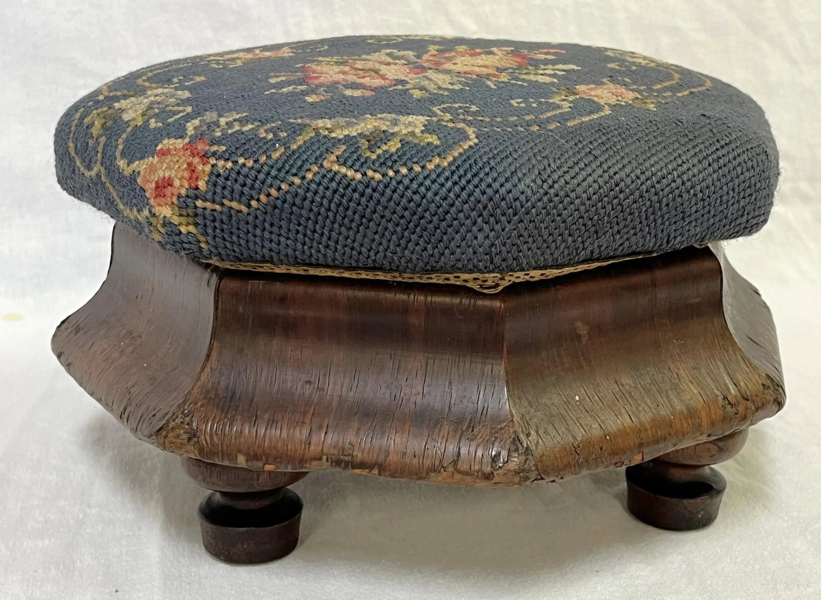 Antique Needlepoint and Wood Octagonal Footstool - 8