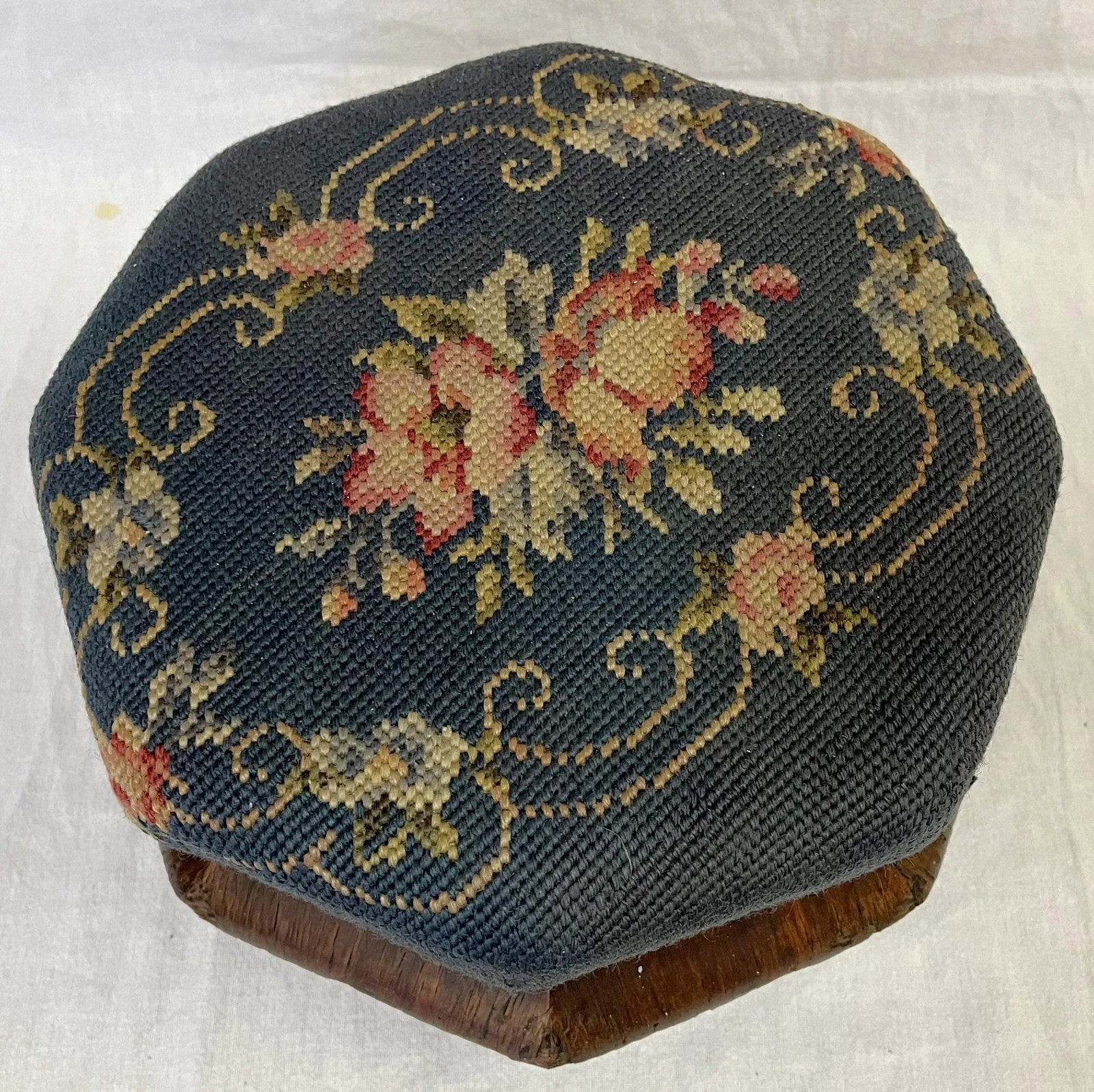 Antique Needlepoint and Wood Octagonal Footstool - 9