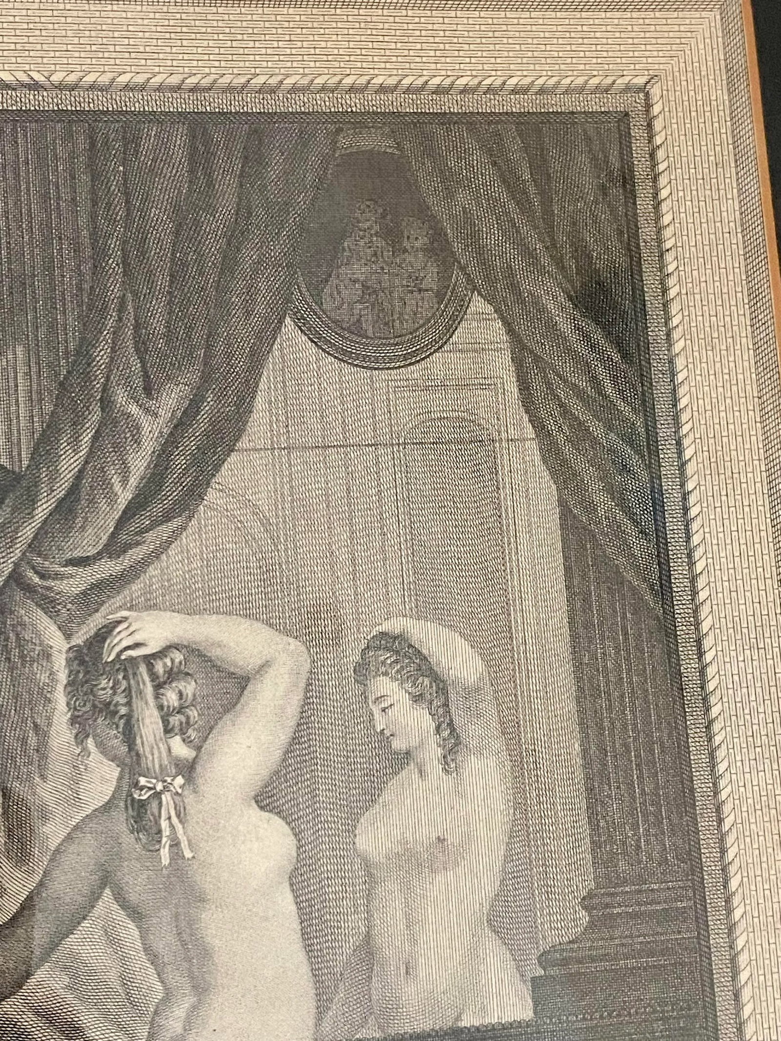 Antique French Dressing Room, Boudoir Engraving Original Marbelized Frame, Paris, Circa 1900 - 11