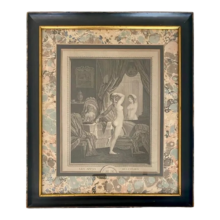 Antique French Dressing Room, Boudoir Engraving Original Marbelized Frame, Paris, Circa 1900 (1 of 11)