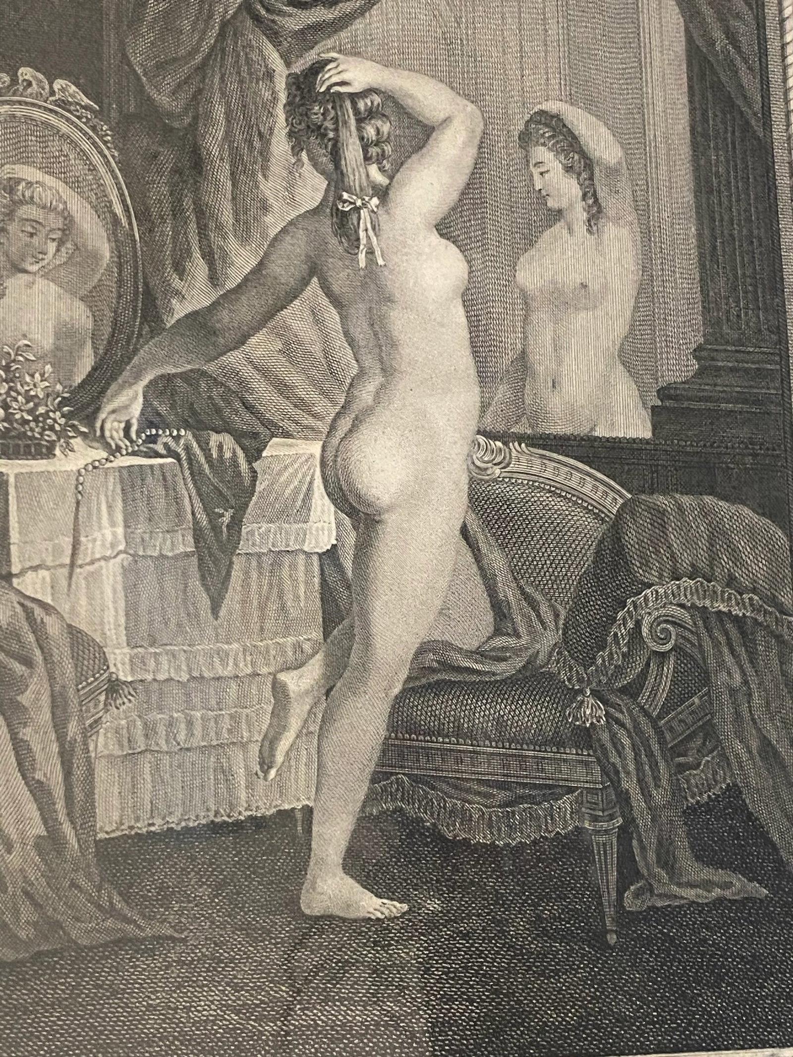 Antique French Dressing Room, Boudoir Engraving Original Marbelized Frame, Paris, Circa 1900 - 2