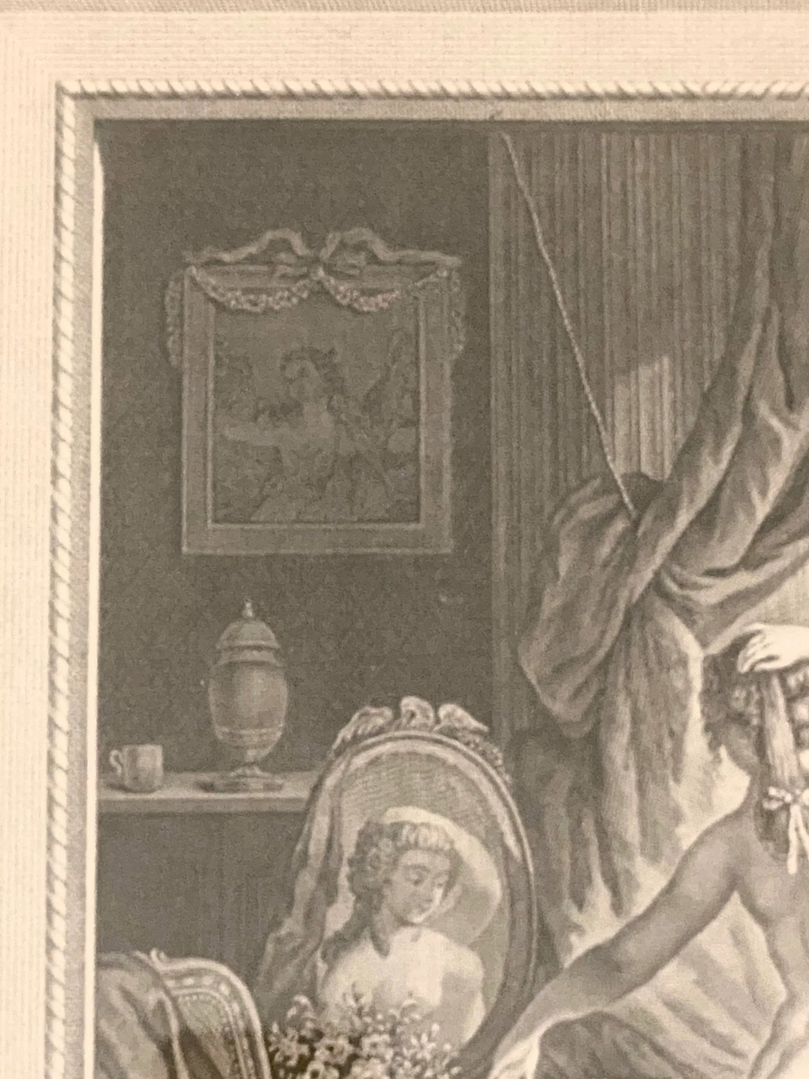 Antique French Dressing Room, Boudoir Engraving Original Marbelized Frame, Paris, Circa 1900 - 5