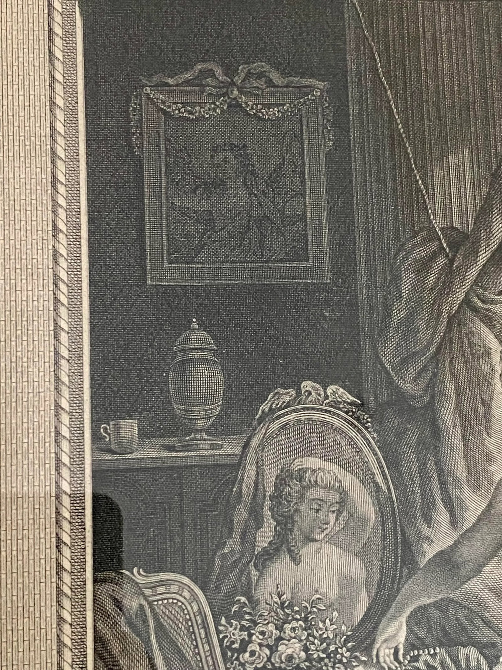 Antique French Dressing Room, Boudoir Engraving Original Marbelized Frame, Paris, Circa 1900 - 6