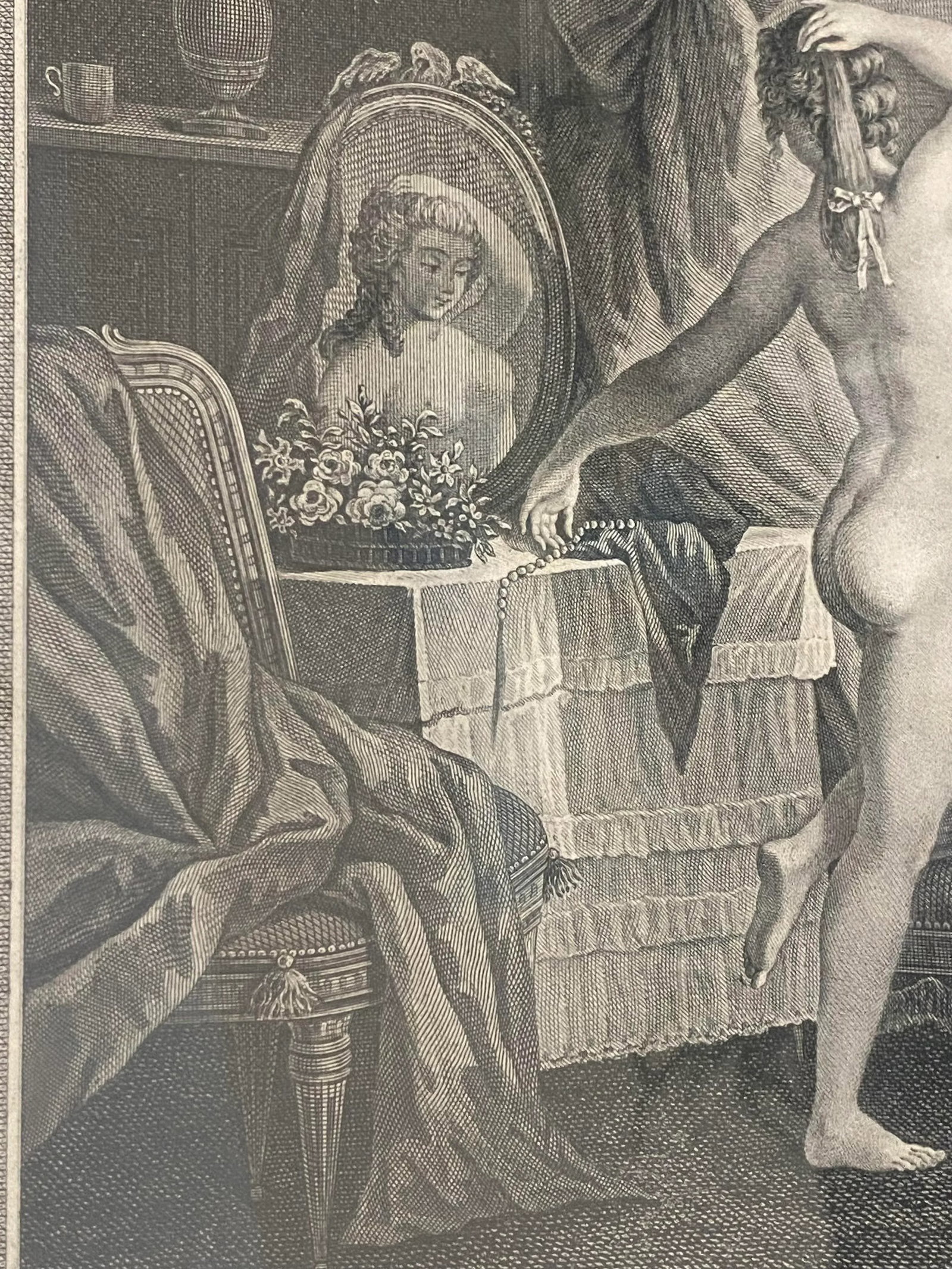 Antique French Dressing Room, Boudoir Engraving Original Marbelized Frame, Paris, Circa 1900 - 7