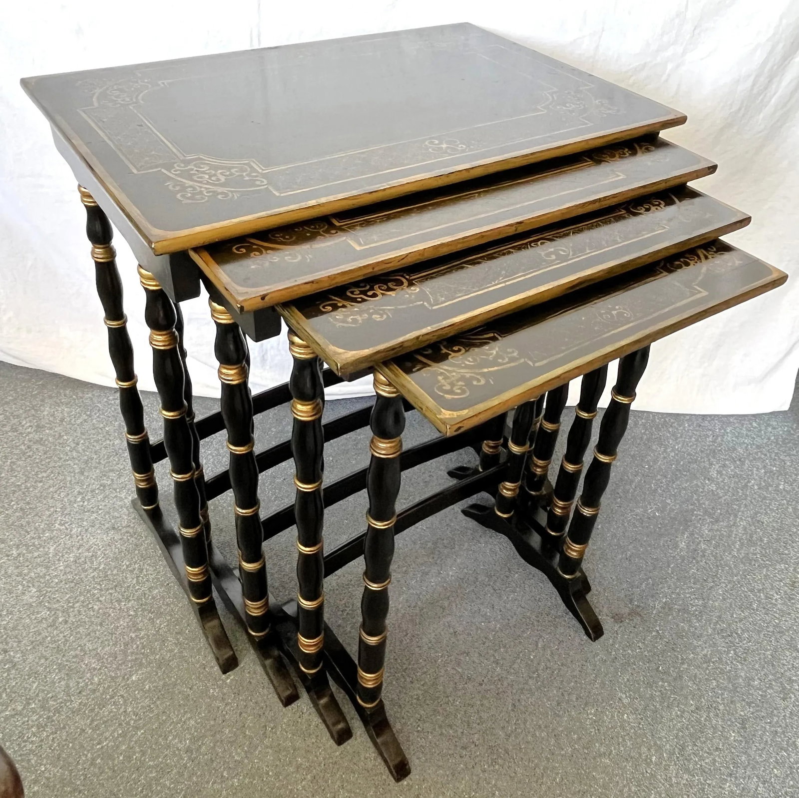 Vintage Hollywood Regency Nesting Tables in Ebony Finish With Gold Painted Accents- Set of 4 - 13