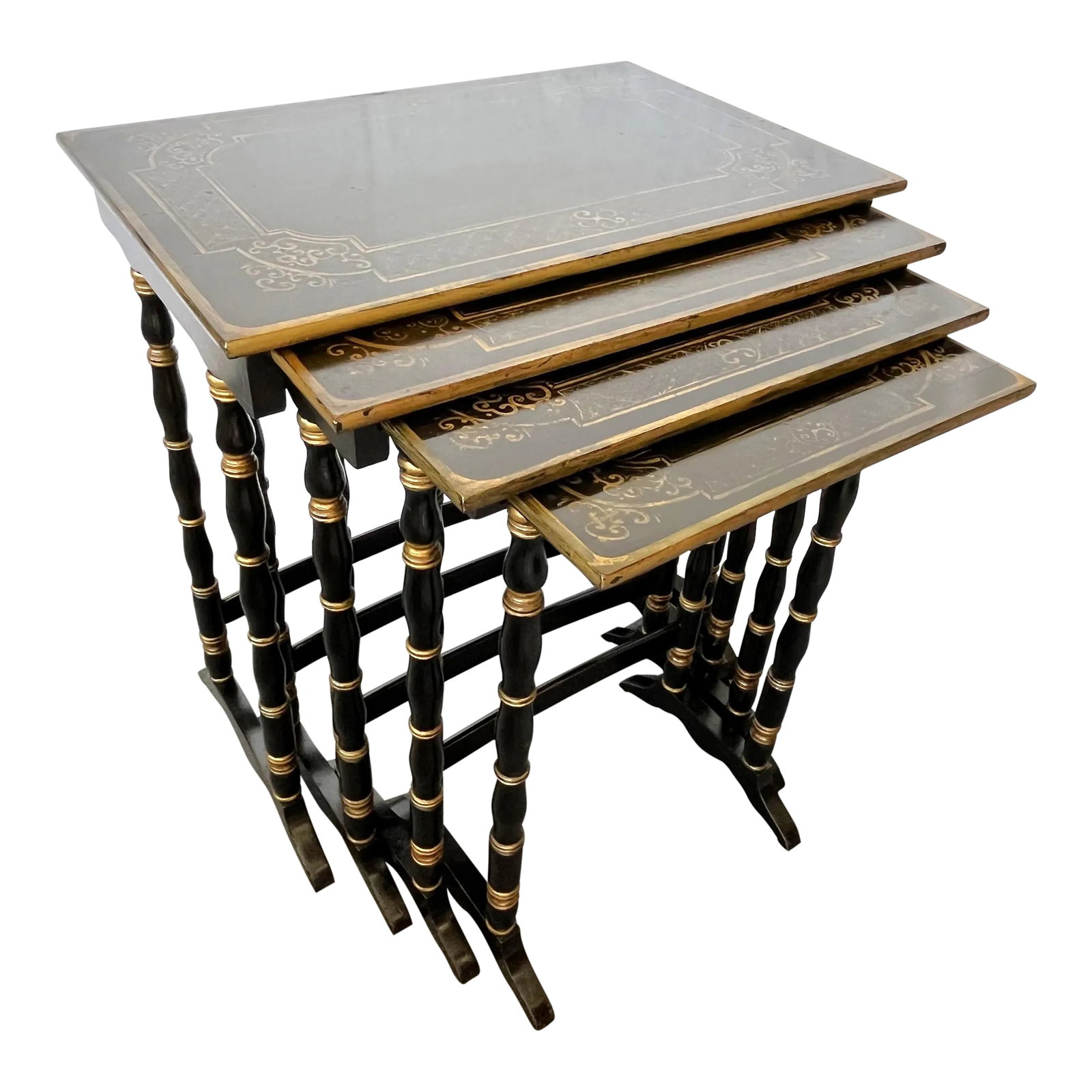 Vintage Hollywood Regency Nesting Tables in Ebony Finish With Gold Painted Accents- Set of 4: Beautiful and functional set of four Hollywood Regency style nesting tables. They are made of solid wood with faux bamboo-look legs and curved stretcher bars. They're finished in a rich ebony color