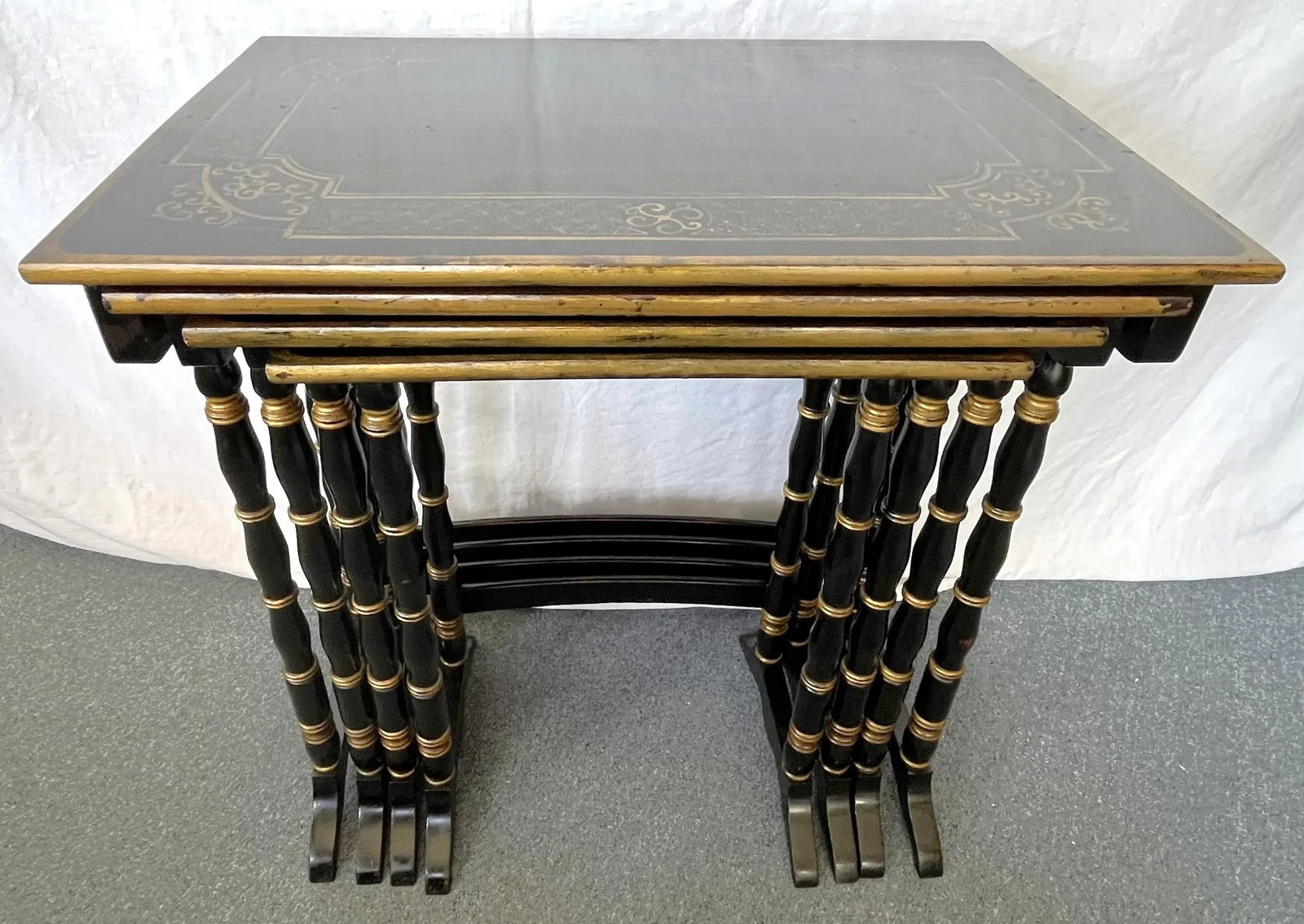 Vintage Hollywood Regency Nesting Tables in Ebony Finish With Gold Painted Accents- Set of 4 - 2
