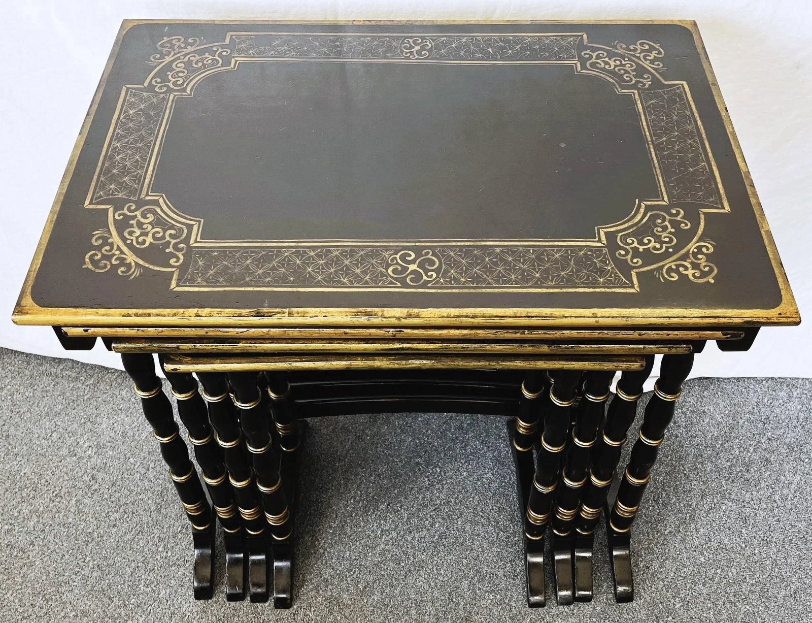 Vintage Hollywood Regency Nesting Tables in Ebony Finish With Gold Painted Accents- Set of 4 - 3