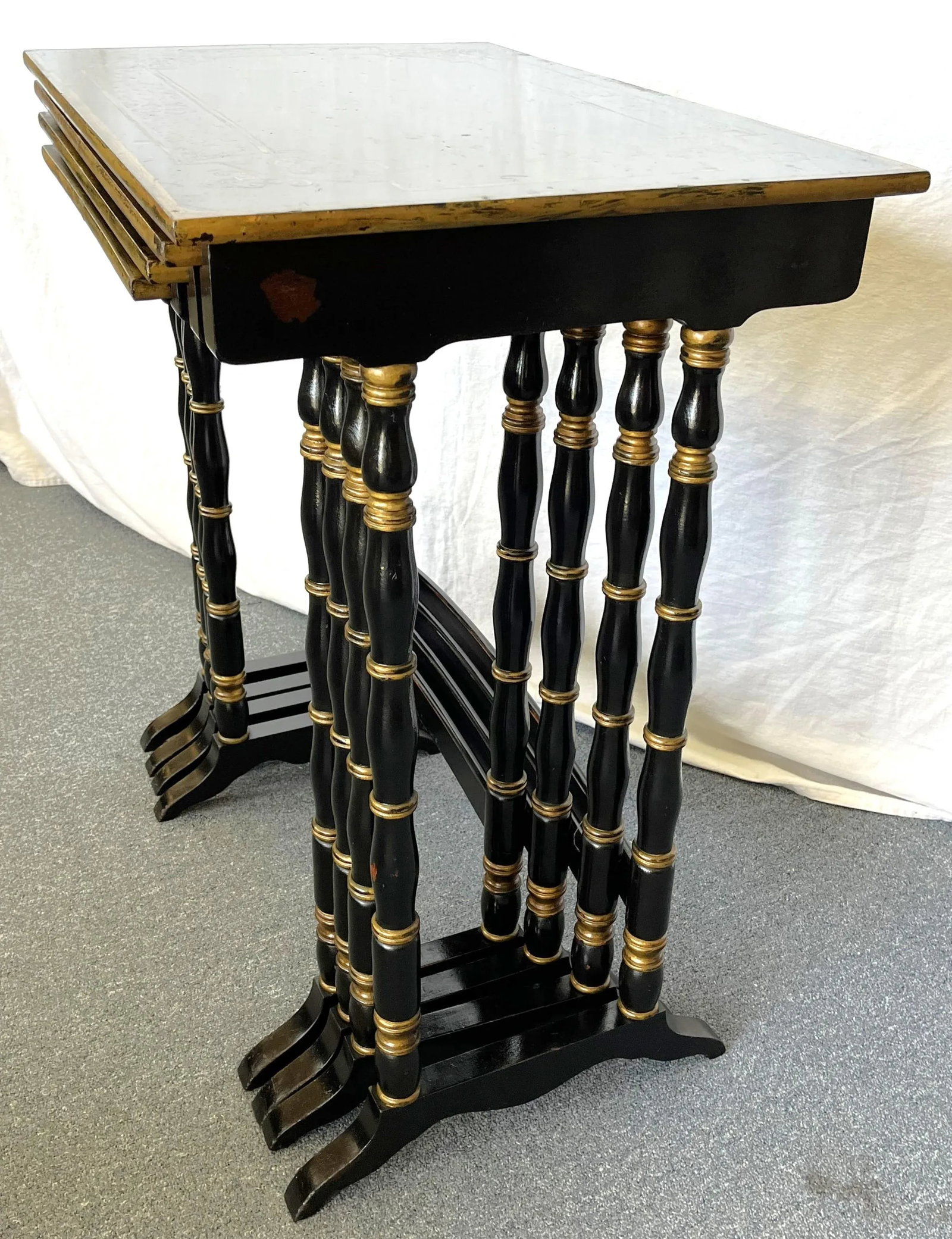 Vintage Hollywood Regency Nesting Tables in Ebony Finish With Gold Painted Accents- Set of 4 - 5