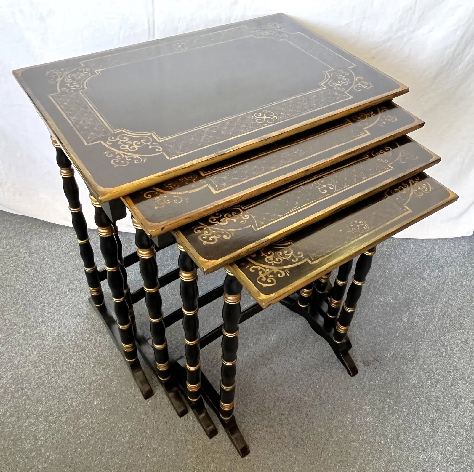 Vintage Hollywood Regency Nesting Tables in Ebony Finish With Gold Painted Accents- Set of 4 - 7