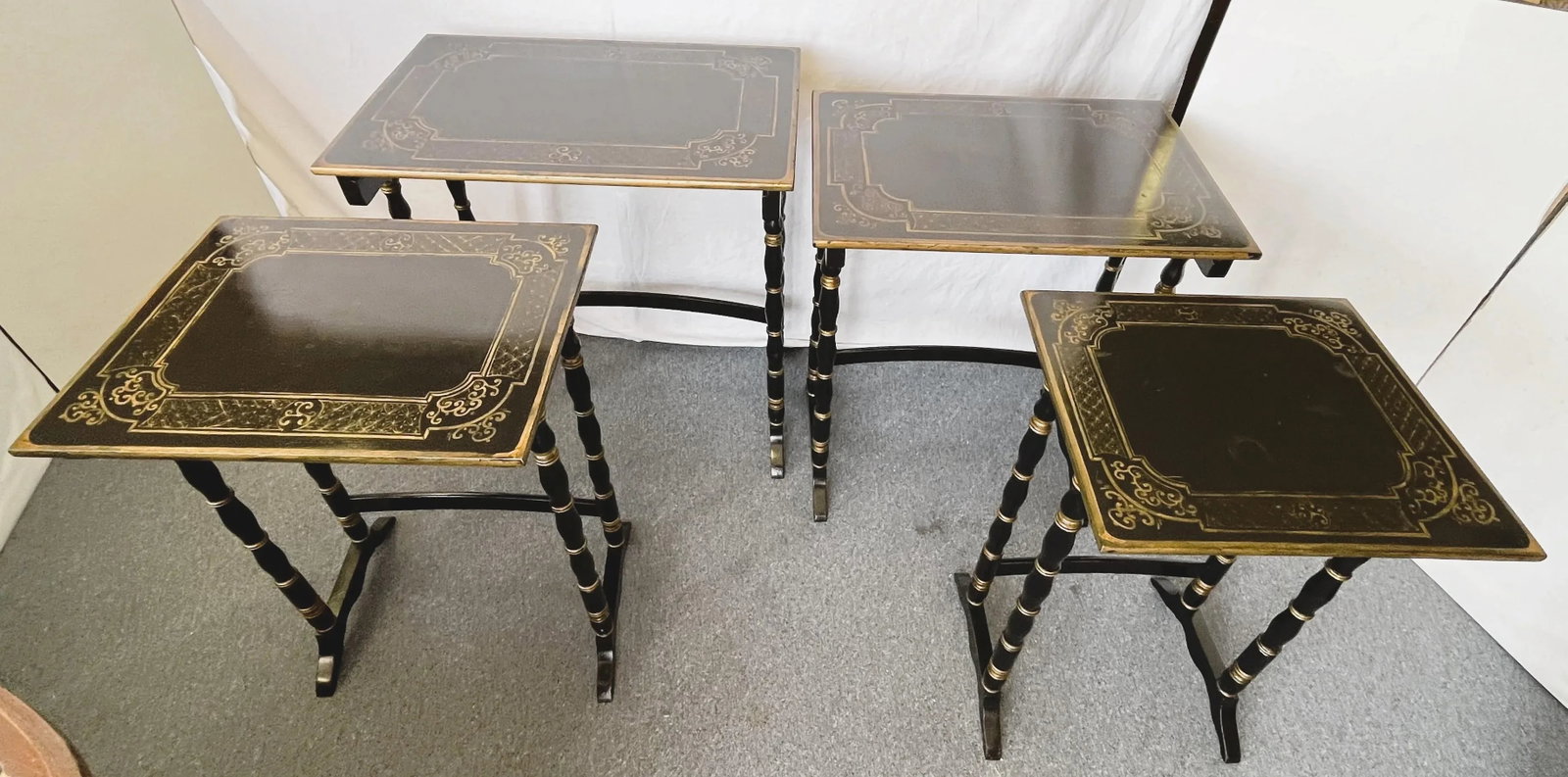 Vintage Hollywood Regency Nesting Tables in Ebony Finish With Gold Painted Accents- Set of 4 - 8